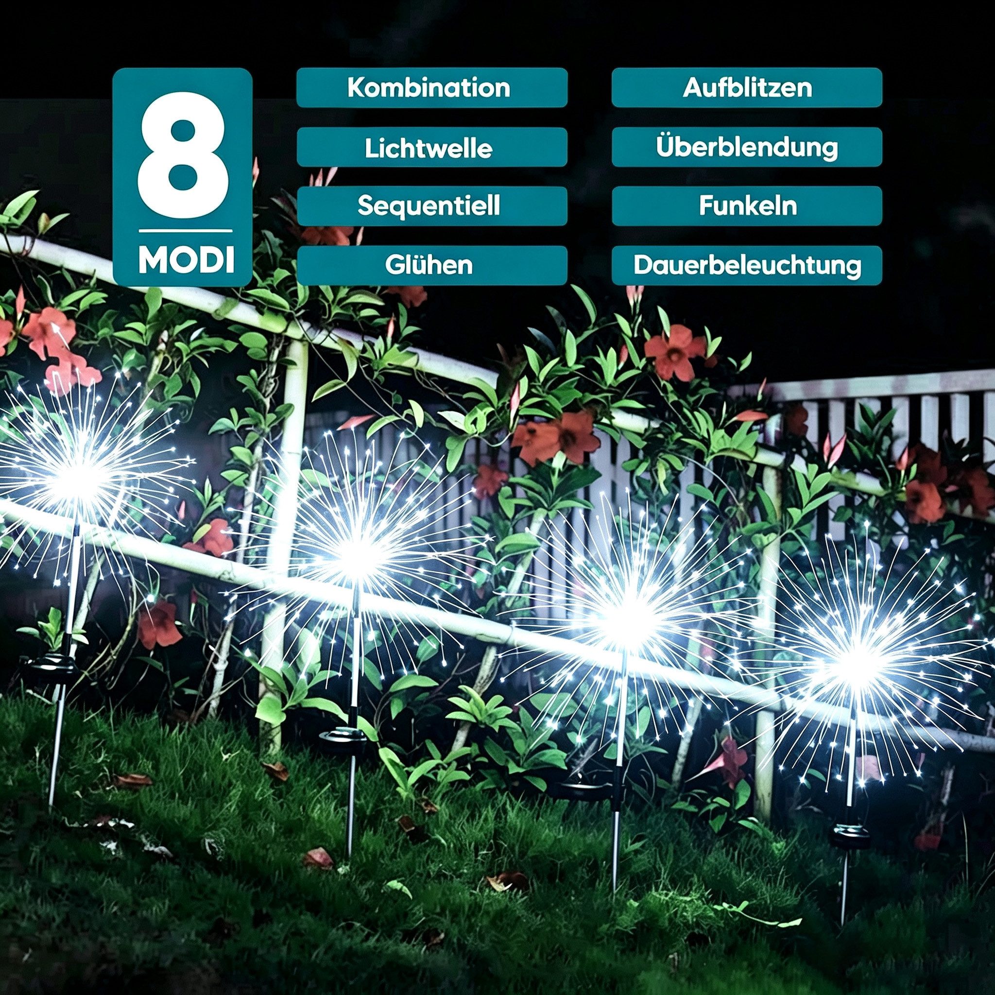 Salcar LED Solarleuchte 2er 180 LED Solarlampe Feuerwerk Gartenleuchte Weihnachtsdeko, LED fest integriert, Kaltweiß, 8 Modi Solarleuchten für Garten Außen LED  – Bild 4 von 5