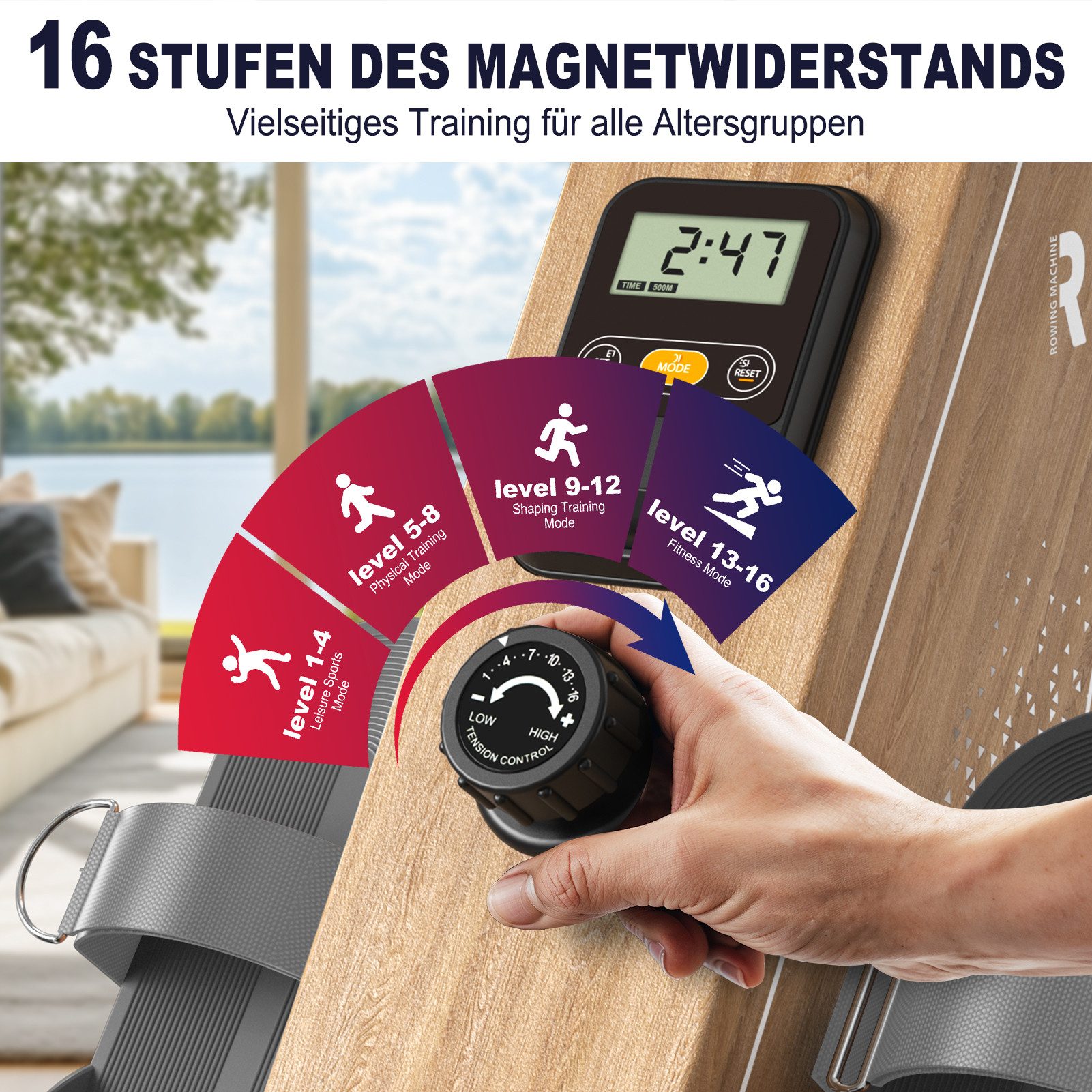 VOWVIT Rudergerät für Zuhause OR3-Kompaktes Rudergerät mit Bluetooth-Monitor, 16 Resistance Levels,Vertikale Aufbewahrung