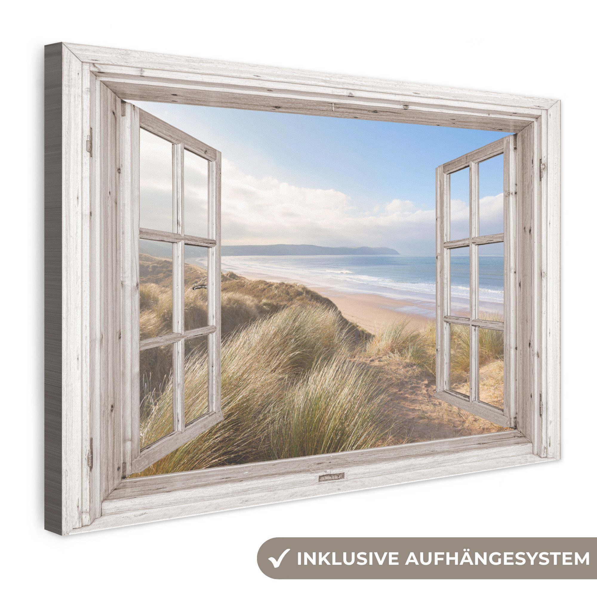 OneMillionCanvasses® Leinwandbild Durchblick - Strand - Meer - Dünen - Strandgras - Sand - Blau, Fotodruck (1 St), Leinwand Bilder Klein, Wand Dekoration Aesthetic 30x20 cm