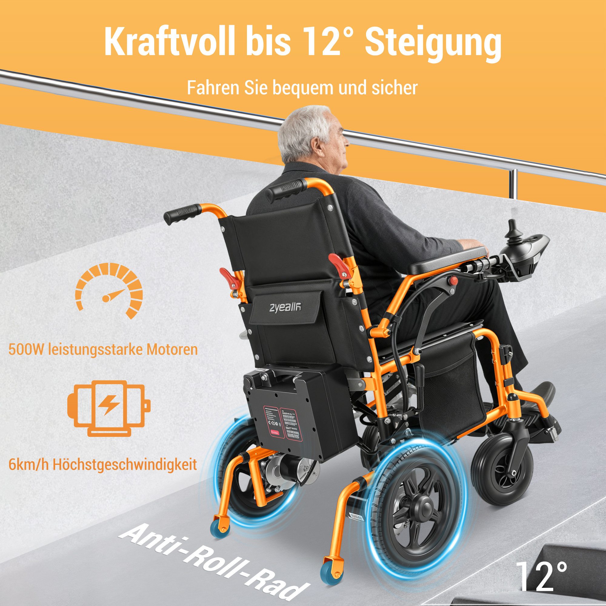 Vankel Elektrorollstuhl klappbar leicht elektr. Rollstuhl 500W, max.24 km max.150 kg, mit 360°-Joystick, 12° Steigfähigkeit & Anti-Kipp-Rädern