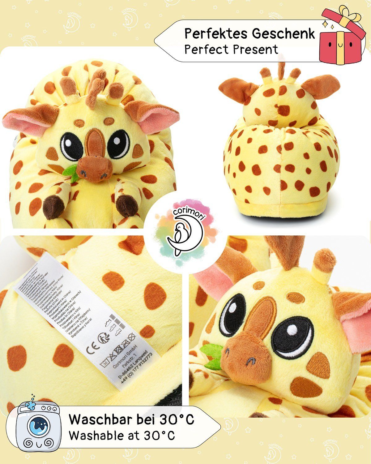 Corimori Süße Giraffen Slipper für Kinder und Erwachsene Plüsch Hausschuhe (Packung, Geschenk) super weiche Puschen, Tierhausschuhe, EU Einheitsgröße 34-44