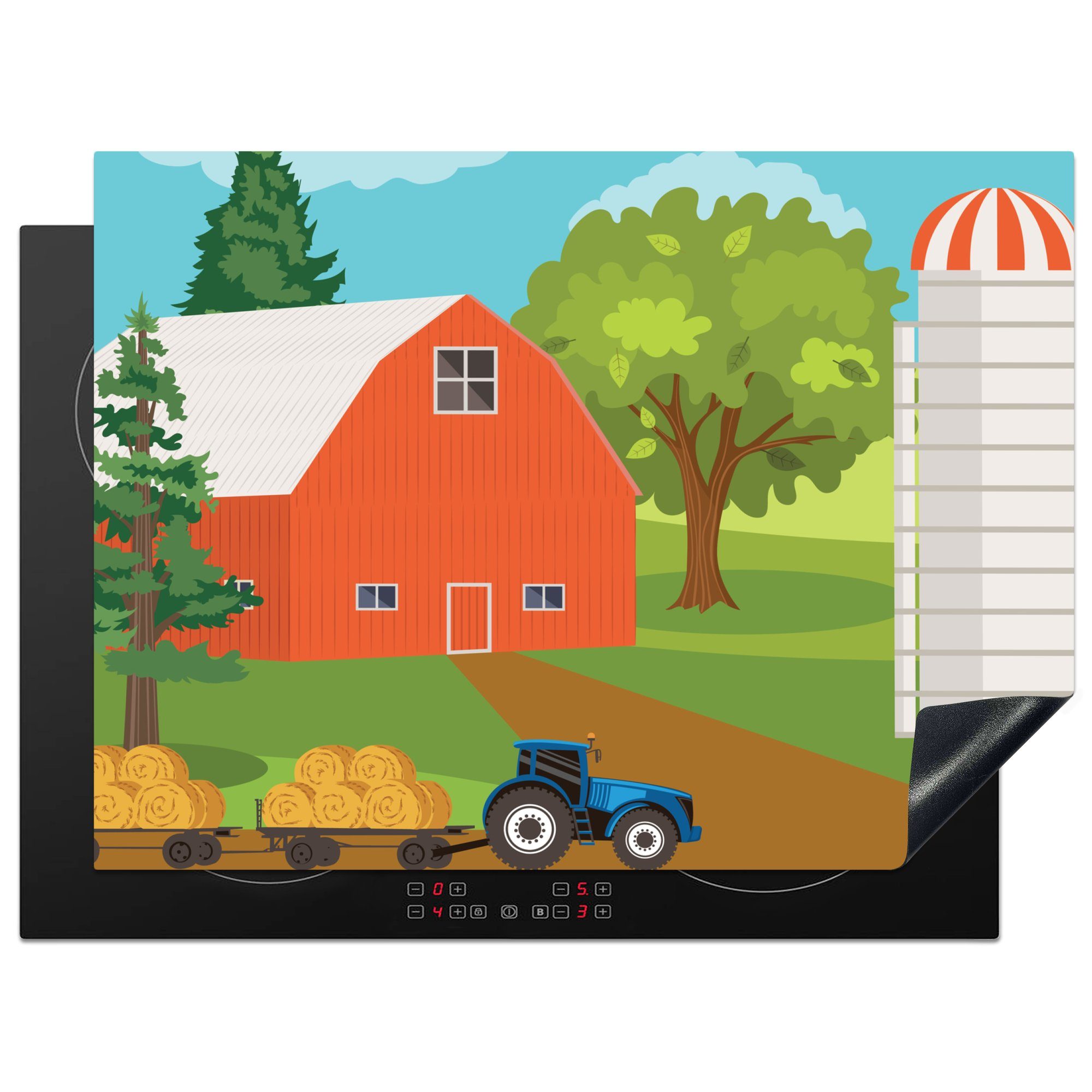 MuchoWow Herdblende-/Abdeckplatte Eine Illustration der Heuballen auf dem Wagen hinter dem Traktor, Vinyl, (1 tlg), 70x52 cm, Mobile Arbeitsfläche nutzbar, Ceranfeldabdeckung