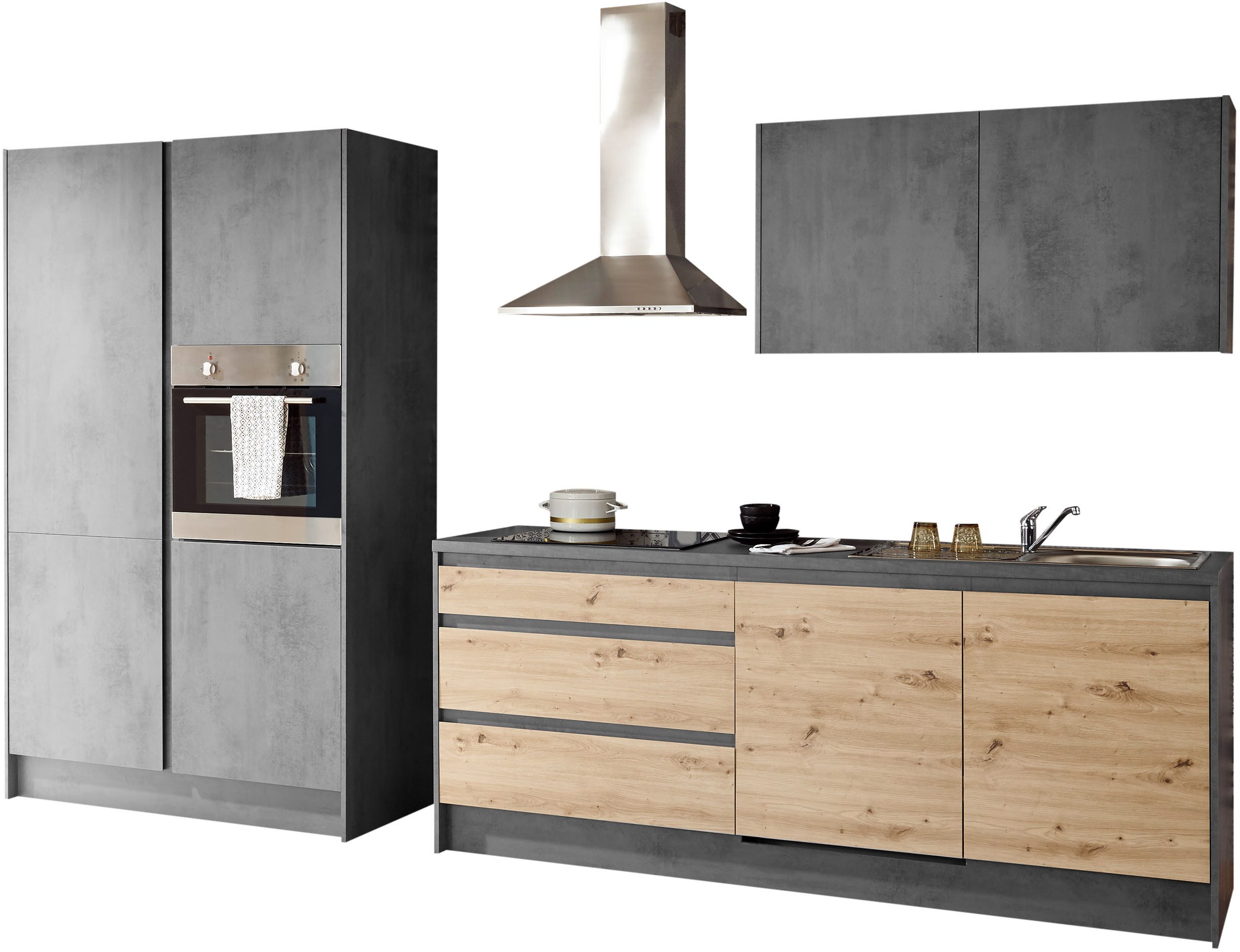 BASIC by Balculina Küchenzeile Isis B/T/H 335x60x210 cm, Breite 273 cm, wahlweise mit E-Geräten und Induktionskochfeld