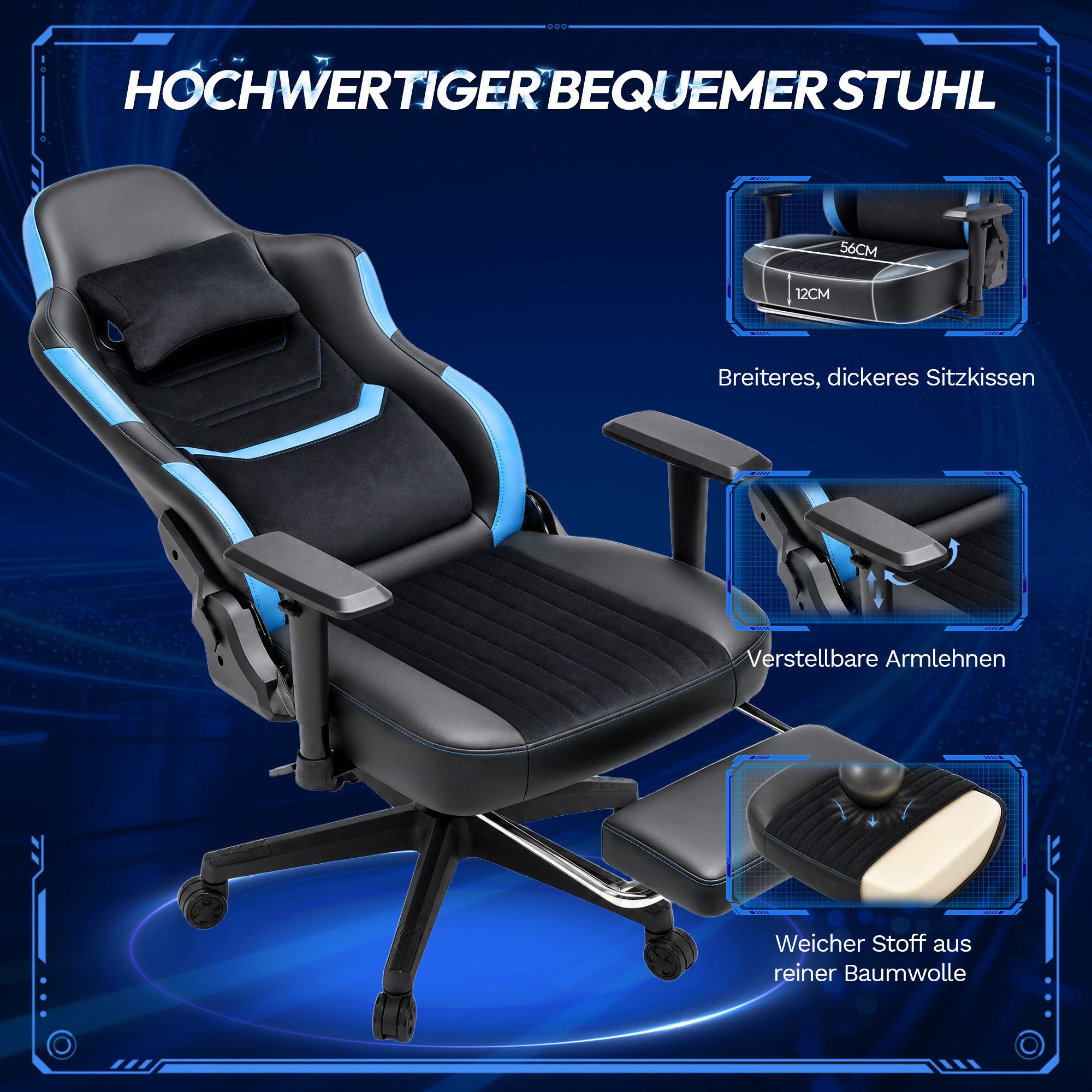 HOMALL Gaming-Stuhl mit Federkern,Komfort für Büro & Gaming,90-165° Rückenlehne,bis 180 kg, gaming stuhl mit Fußstütze,breites & dickes Sitzpolster – Bild 4 von 5