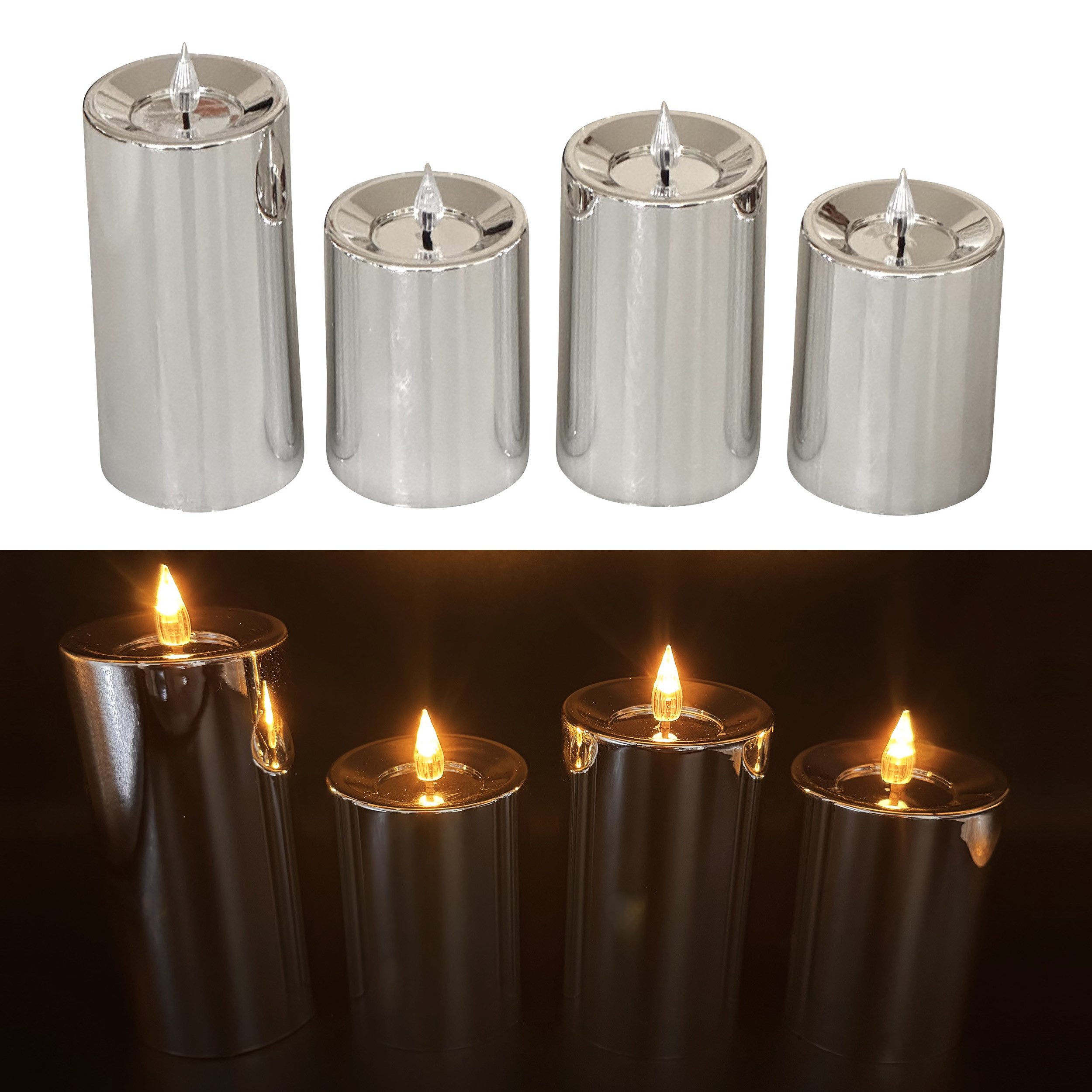 Online-Fuchs LED-Kerze 4 LED Kerzen mit 6-Stunden Timer und Hochglanz Oberfläche (in den Farben Silber, Rot, Rosé, Blau und Grün, realistische Flamme aus Acrylglas), Outdoor geeignet - Deko für Herbst, Winter und Weihnachten