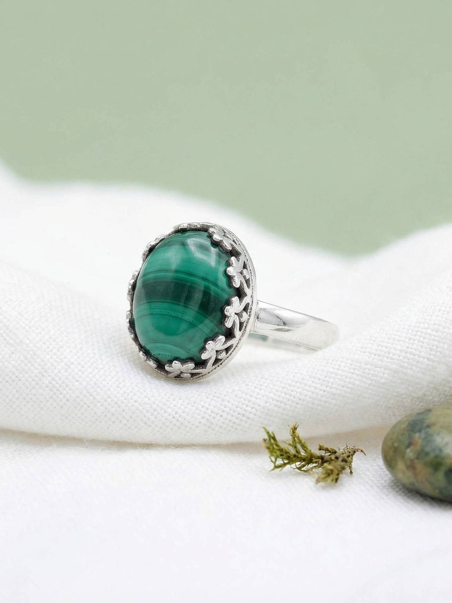 mantraroma Silberring NAPULO aus 925 Silber mit Malachit (Ring mit Schmuckbeutel), Damenring aus 925er Silber