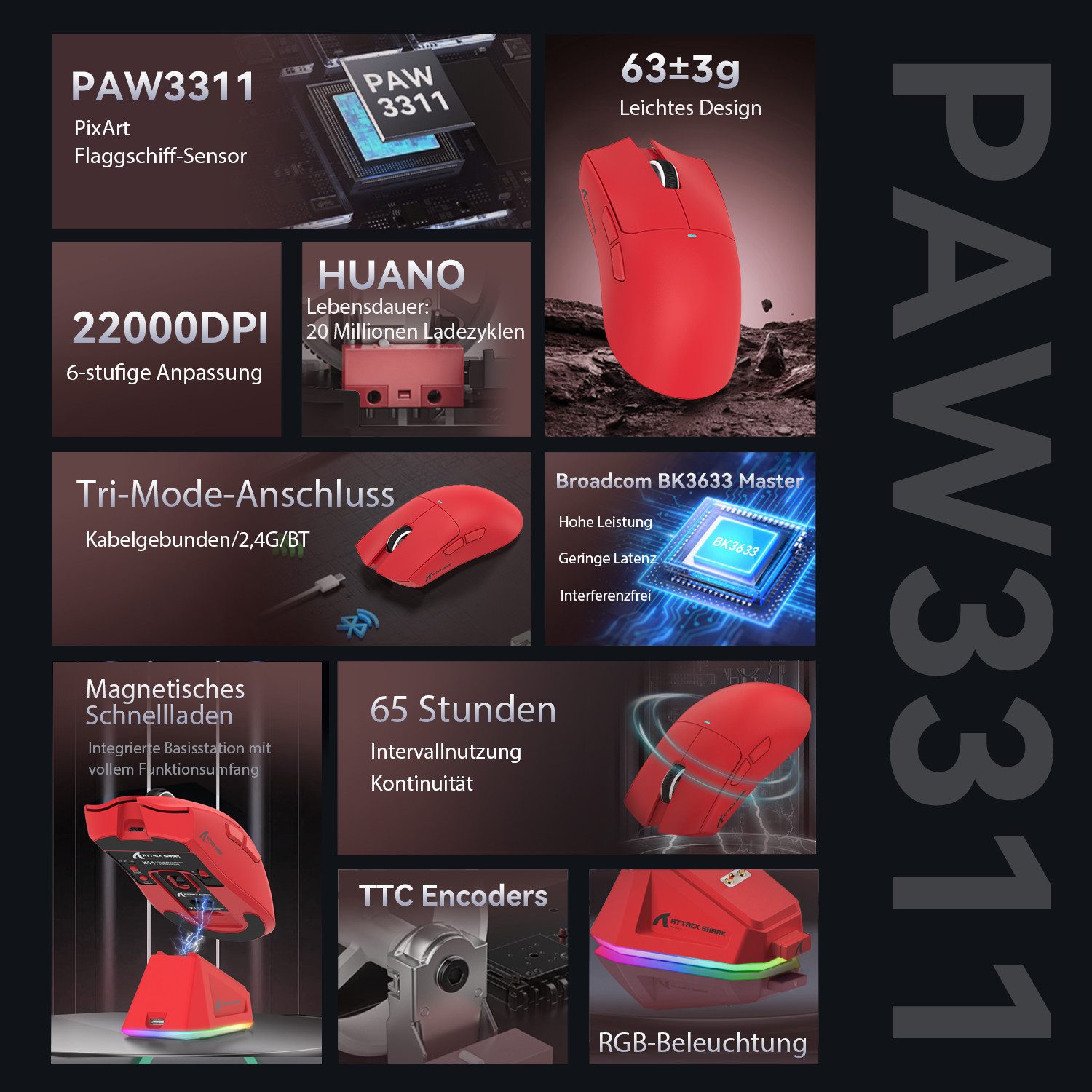 ATTACK SHARK X11 Kabellose Gaming-Maus mit Magnetischer Ladestation Gaming-Maus (2.4G, Bluetooth, kabelgebunden, 1000 dpi)