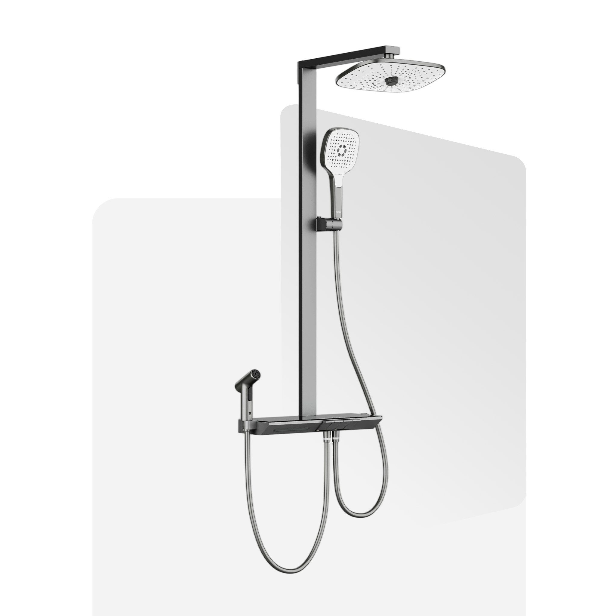 HOROW Duschsystem mit Thermostat Regendusche Duschset mit Ablage und Kopfbrause, 3 Strahlart(en), Regendusche Set, Hohenverstellbar, mit Spritzbrause, Piano-Tasten, Chrom/Felsgrau