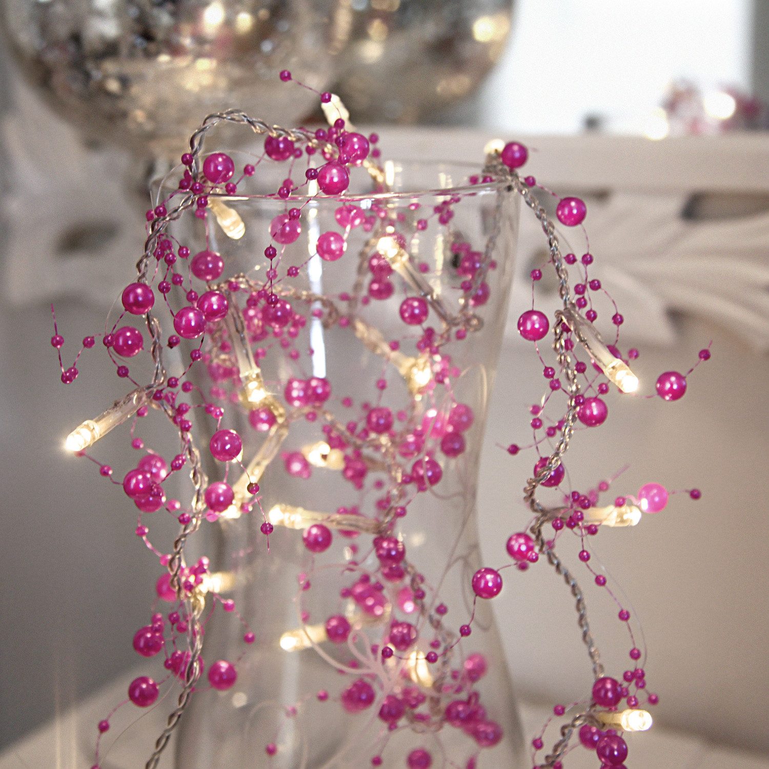 STAR TRADING LED-Lichterkette LED Deko Lichterkette Perlen 20 LED 1,15m Batteriebetrieb Timer pink, 20-flammig