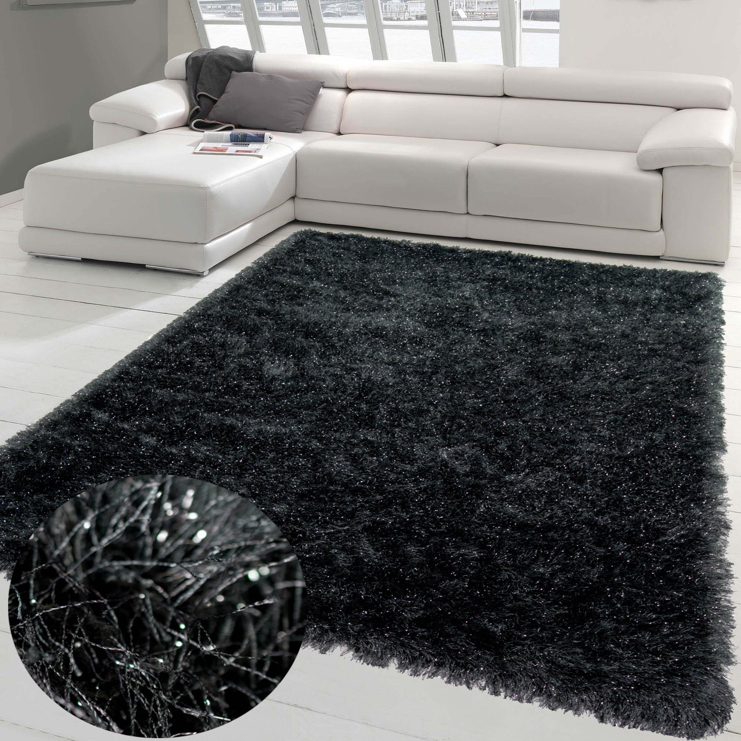 Teppich Teppich Wohnzimmer Langflor Shaggy kuschelig Glitzer Anthrazit,  Teppich-Traum, rechteckig, Höhe: 70 mm