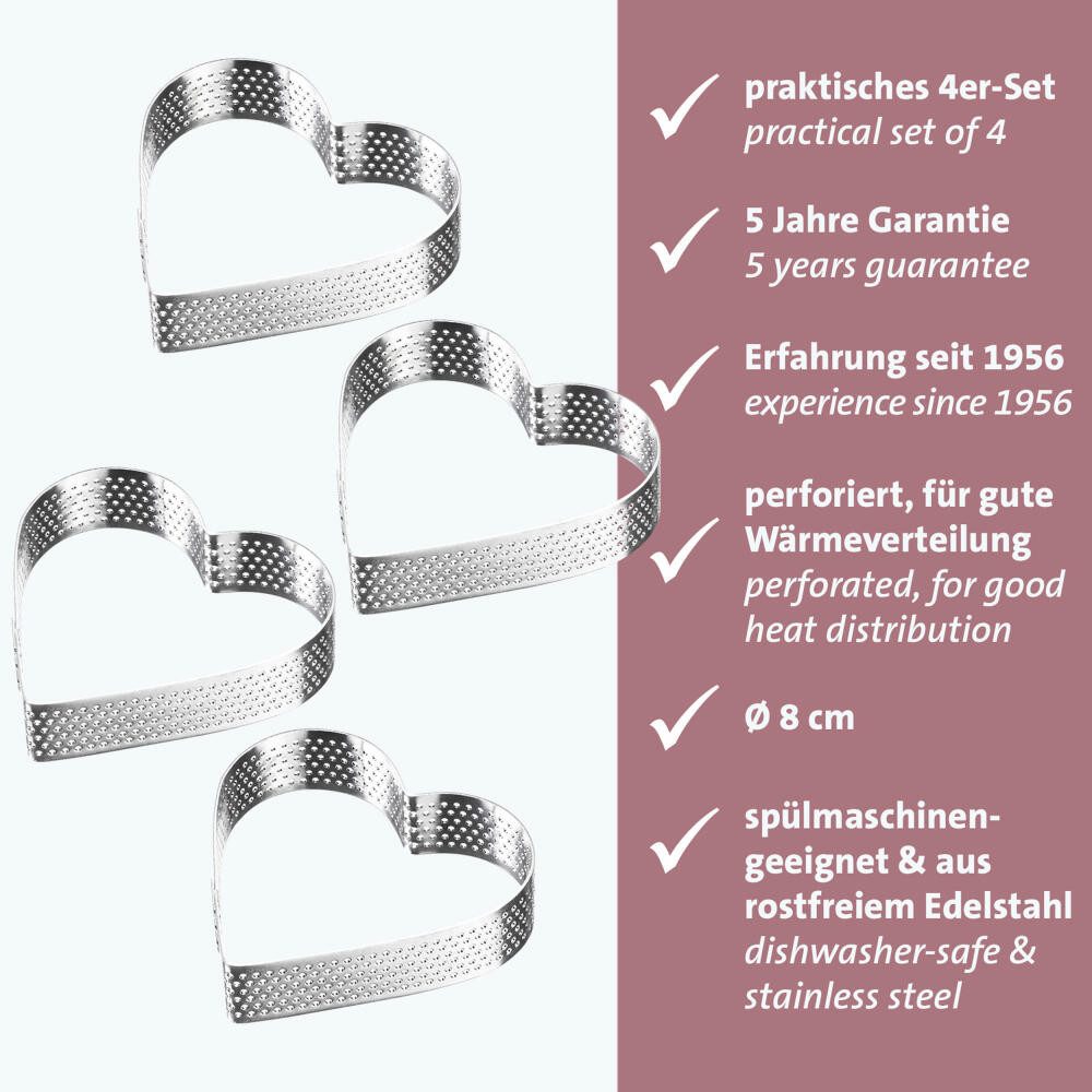WESTMARK Tarteform Tartelette-Rahmen 4 Stk. – Perfekte Tarte- und Quicheformen, Herzform, gleichmäßige Wärmeverteilung, rostfreier Edelstahl, ofenfest