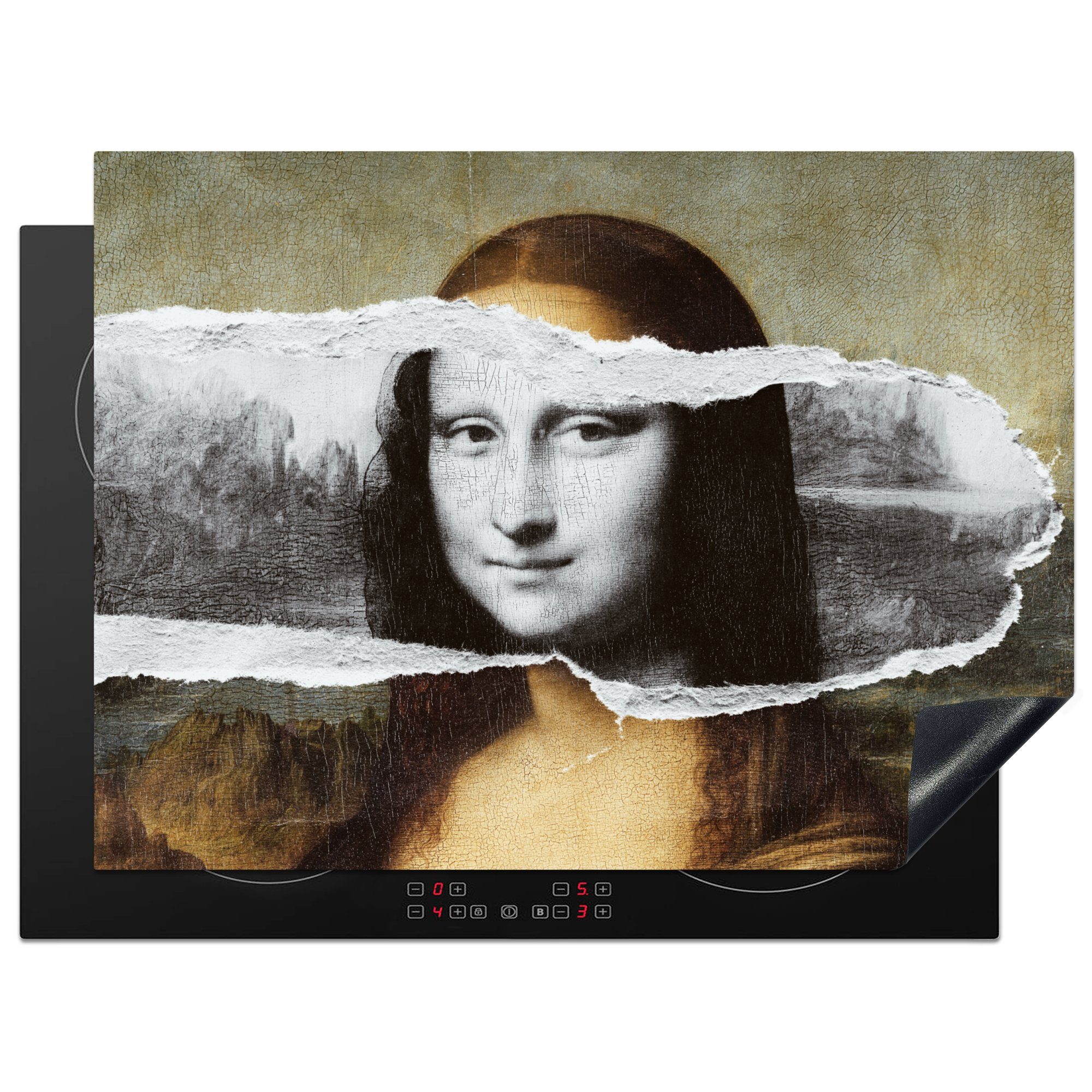 MuchoWow Herdblende-/Abdeckplatte Mona Lisa - Da Vinci - Schwarz - Weiß, Vinyl, (1 tlg), 71x52 cm, Induktionskochfeld Schutz für die küche, Ceranfeldabdeckung