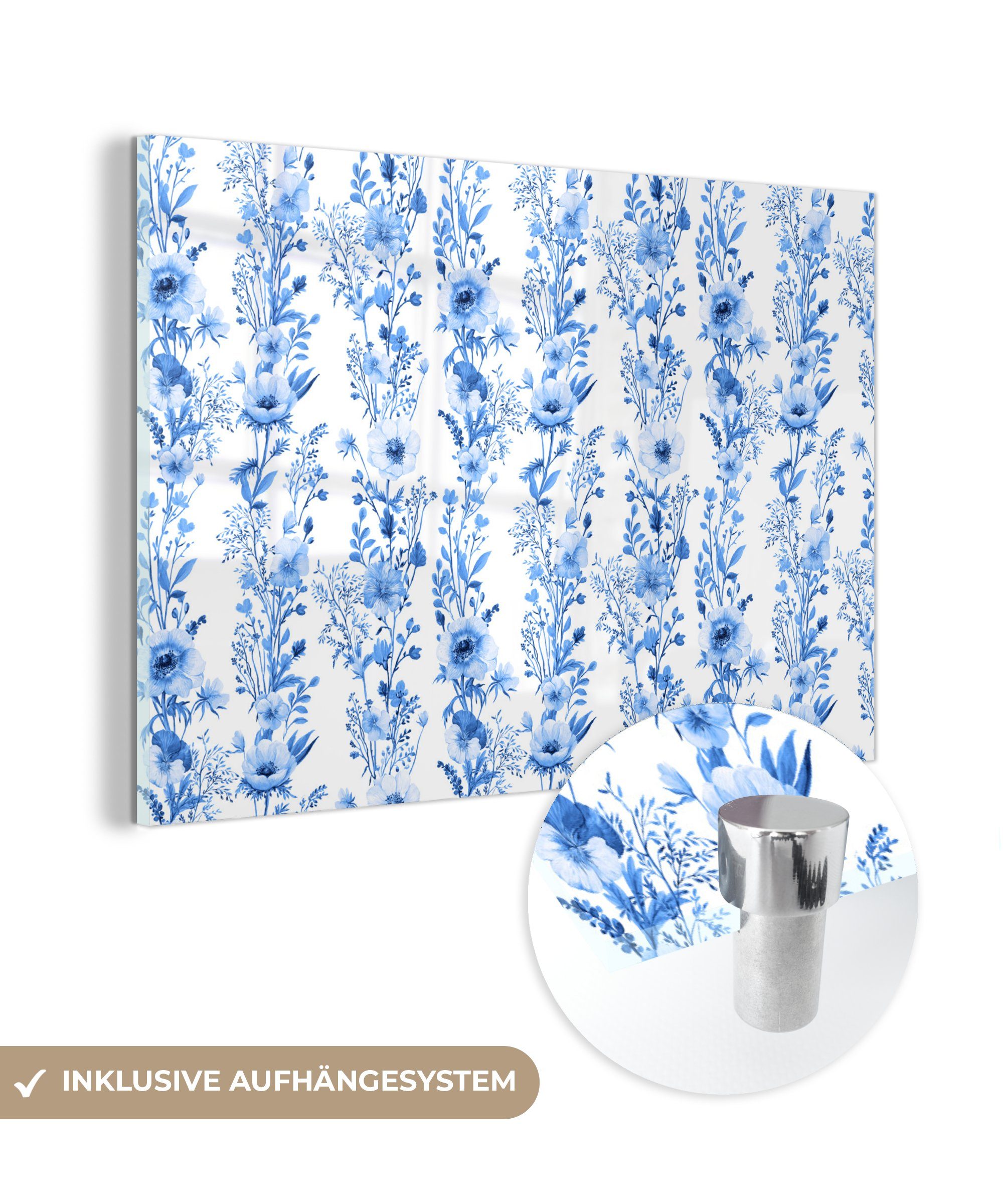 MuchoWow Acrylglasbild Blumen - Anemone - Muster - Blau, (1 St), Glasbilder - Bilder auf Glas Wandbild - Foto auf Glas - Wanddekoration