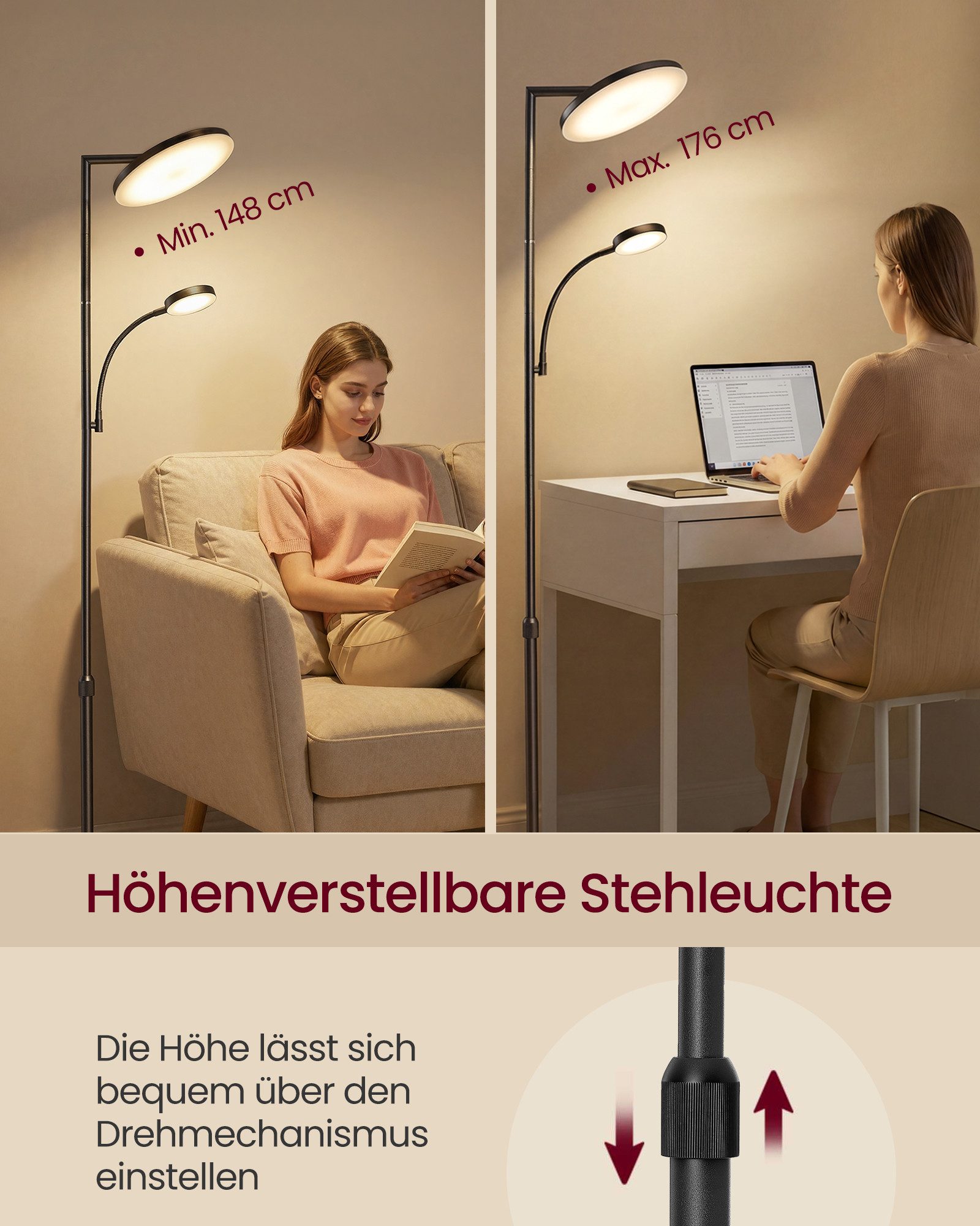 VASAGLE Stehlampe LED-Stehleuchte, drehbarer Lampenkopf, Standleuchte 30/36/42W, Leselampe, Timer, Tasten- und Fernbedienung