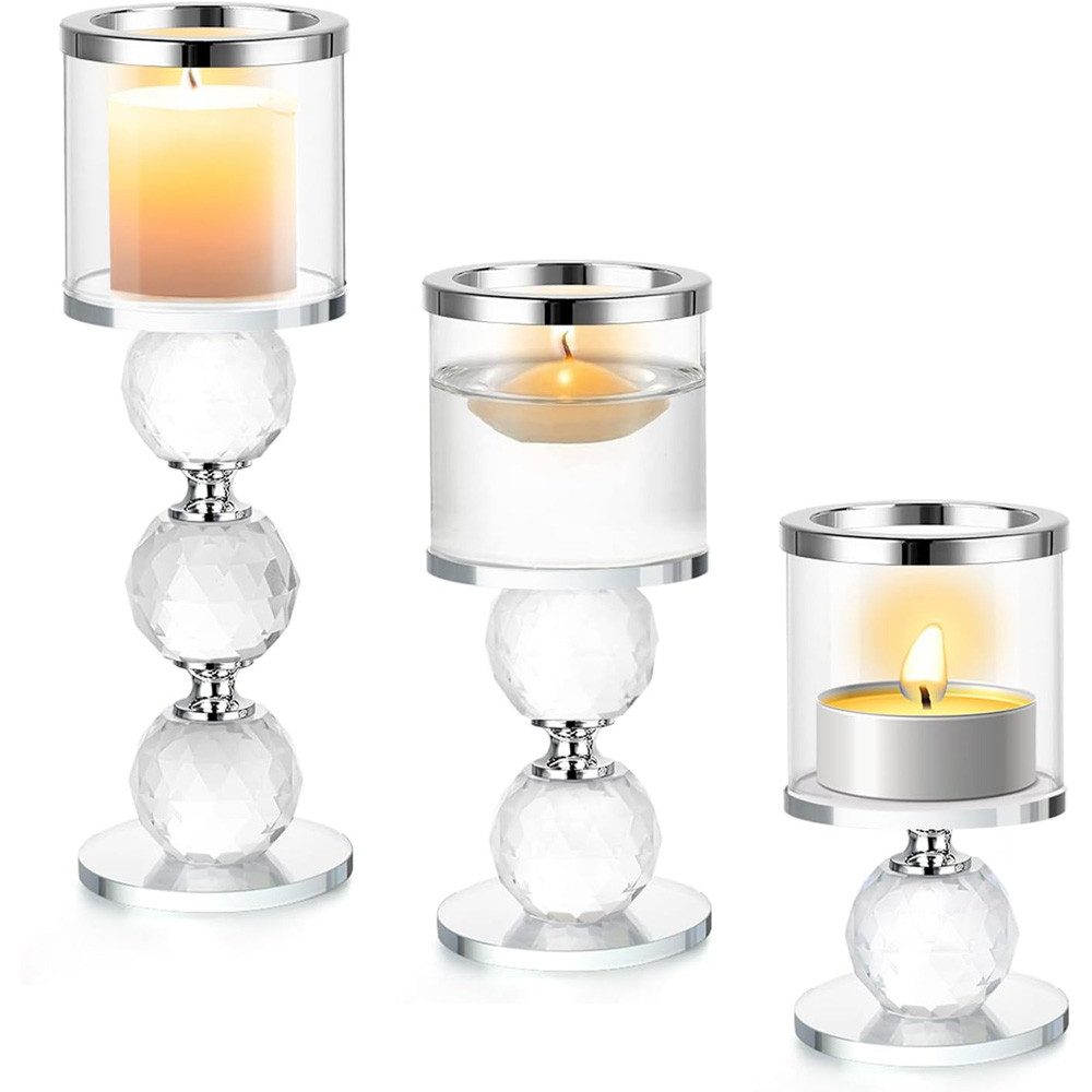 AFKSMILE Kerzenhalter 3er Set Kerzenständer,windlicht glas,Kerzenhalter für Stumpenkerzen, mit Kristall Ball,Windlicht Glas, für Teelicht, Kleine Stumpenkerzen