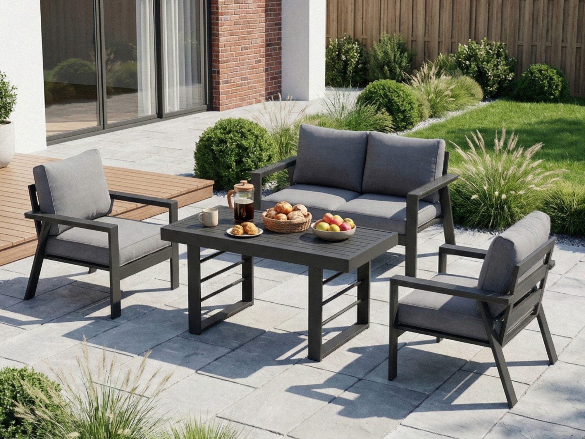 MeXo Gartenlounge-Set Aluminium Balkonmöbel Set mit Esstisch 4 Personen Wetterfest, (einteiliges 10cm Premium-Sitzkissen, 4-tlg., Esstisch 130x66x66cm), Garten-Essgruppe outdoor mit Bequemer Neigung der Lehne