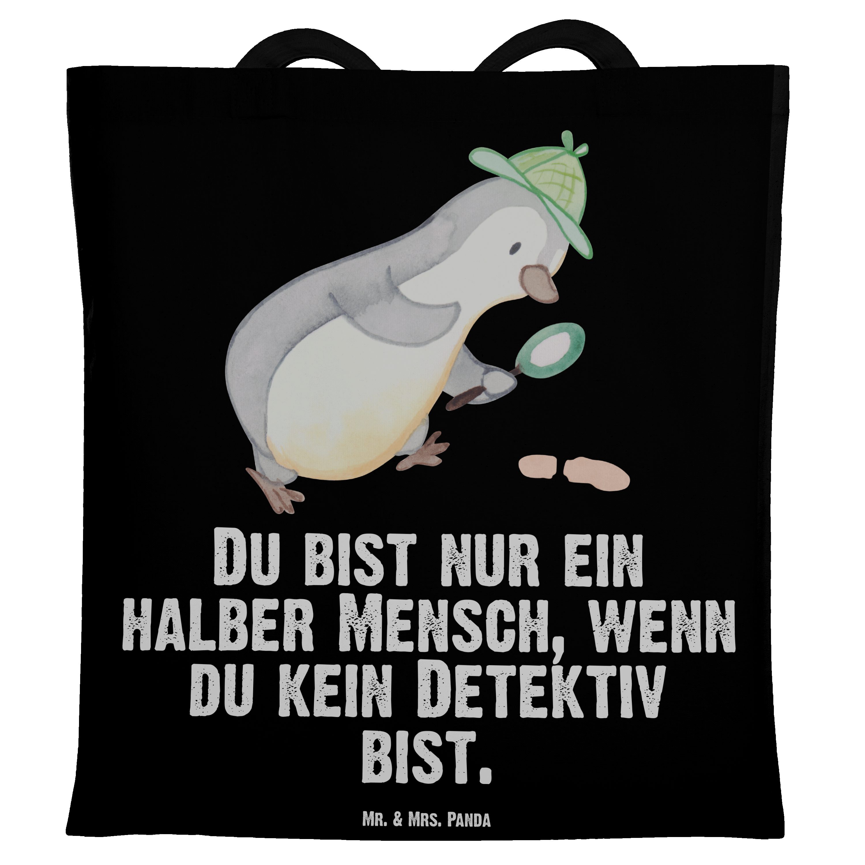 Beuteltasche, Tragetasche Schwarz Geschenk, Detektiv Mr. mit Panda Herz Mrs. - (1-tlg) Einkaufstasche, - &