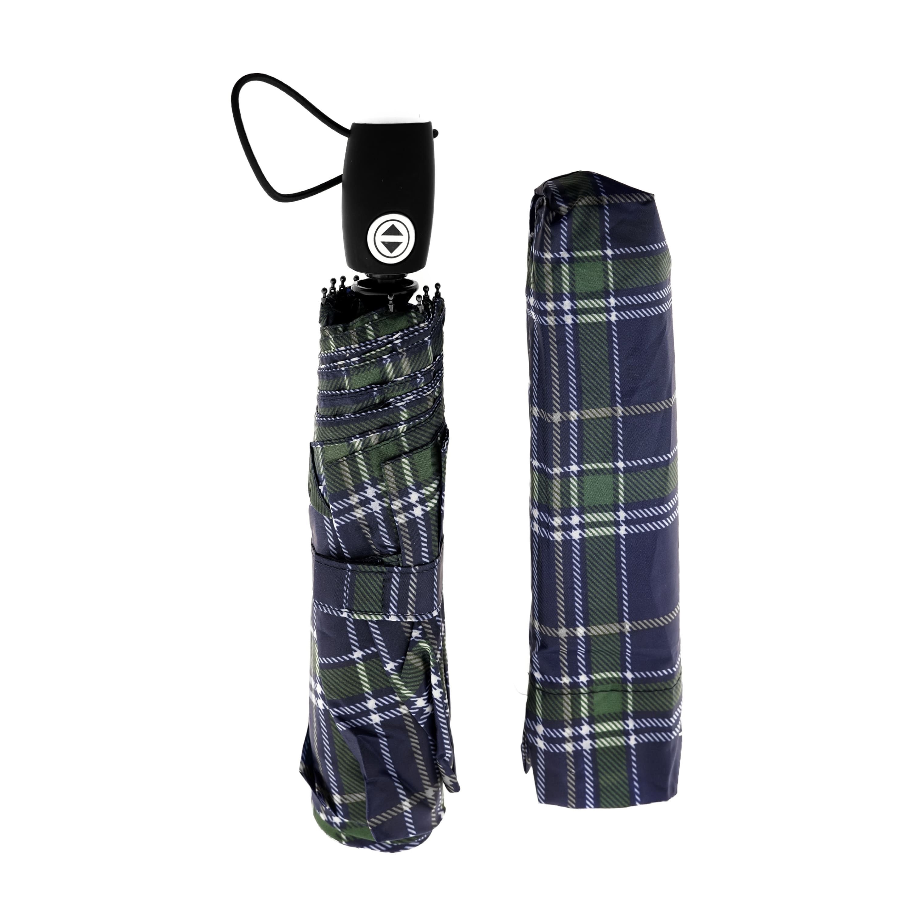 Susino Taschenregenschirm in Karomuster mit Schutzhülle – robust und stilvoll