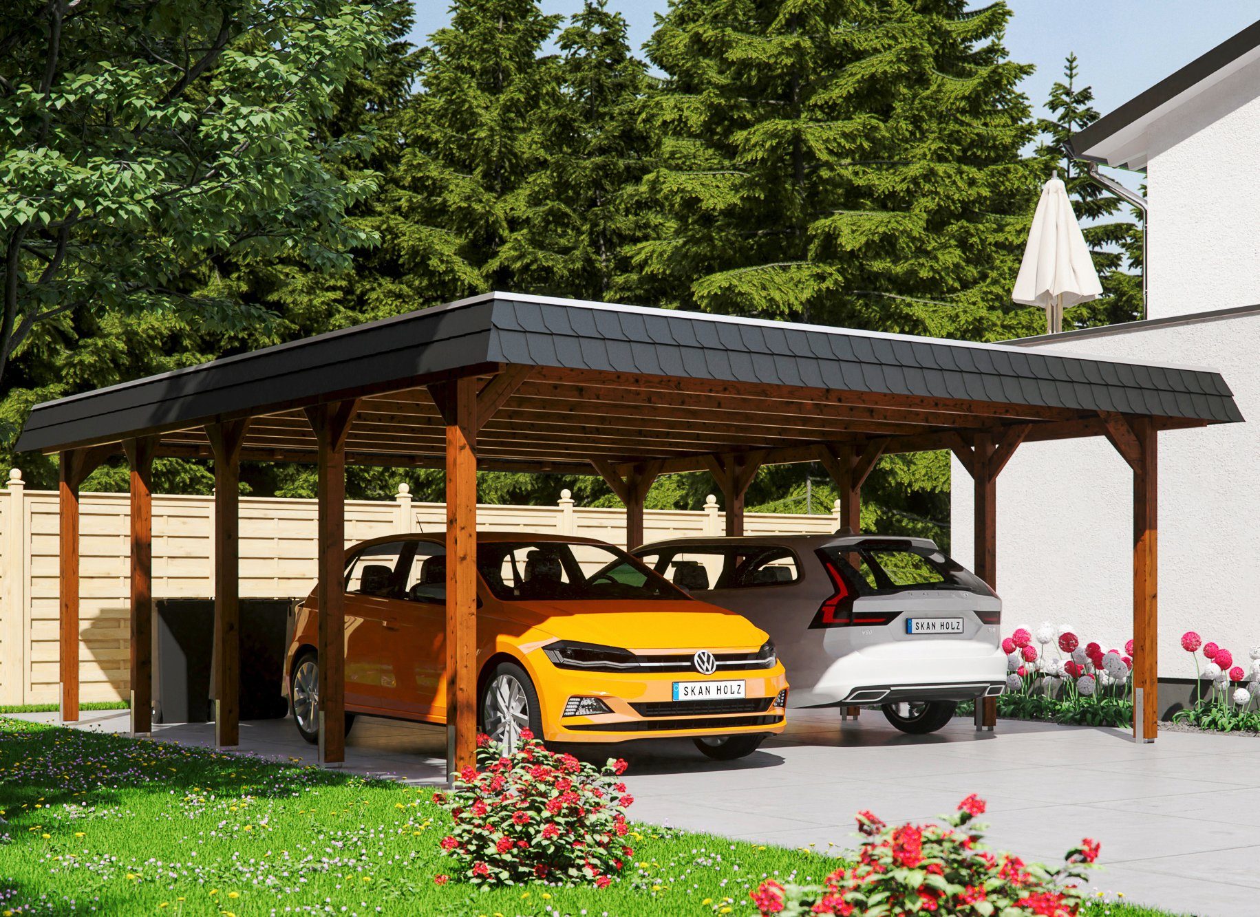 Skanholz Doppelcarport Spreewald, BxT: 585x741 cm, 215 cm Einfahrtshöhe braun