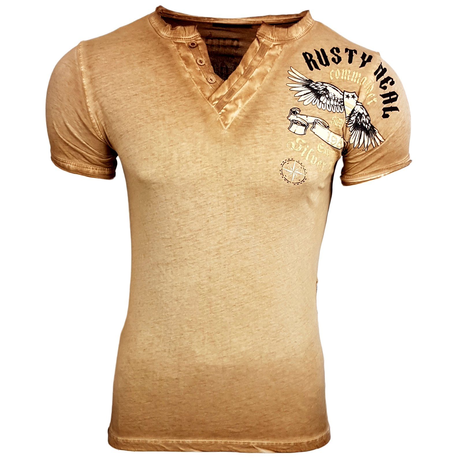 Rusty Neal T-Shirt mit modischer Knopfleiste, Auffälliger Print am Rücken  als absolutes Highlight