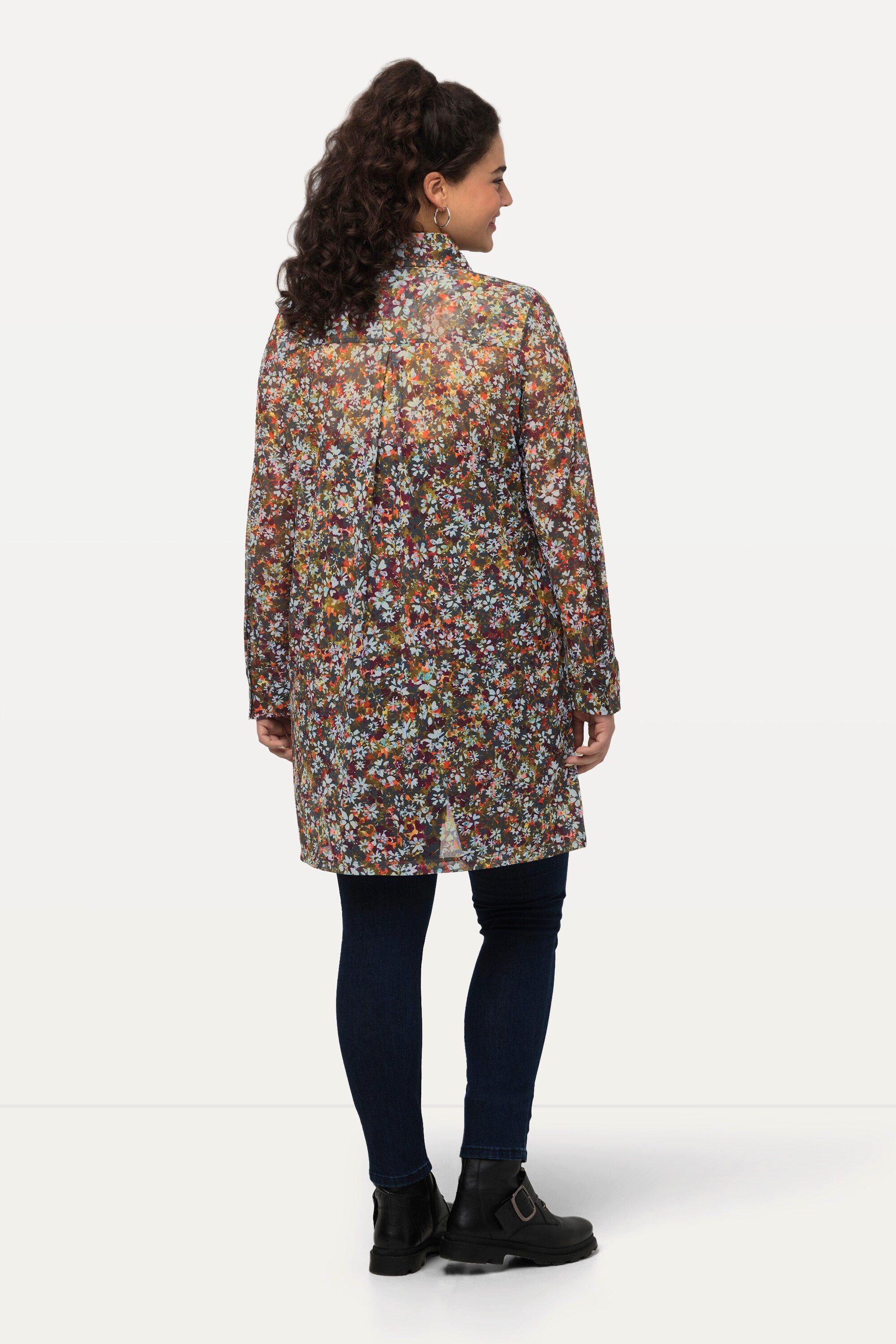 Ulla Popken Longbluse Mesh-Bluse Millefleur A-Linie Hemdkragen Langarm