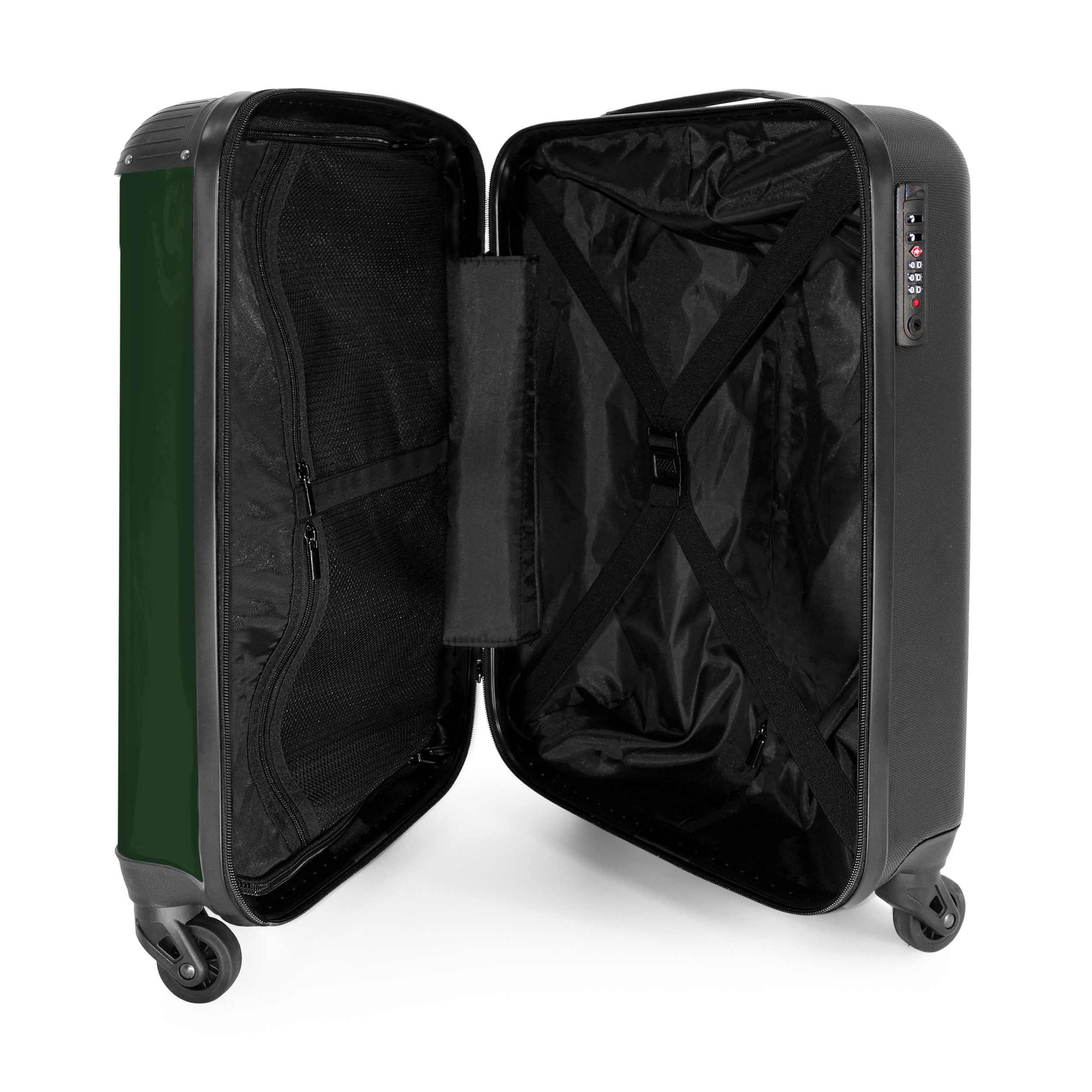NoBoringSuitcases.com© Hartschalen-Trolley Dunkelgrüner Hintergrund mit doppelten weißen Seitenstreifen auf der l, 4 Rollen, Reisetasche mit Rollen, Koffer Handgepäck Flugzeug