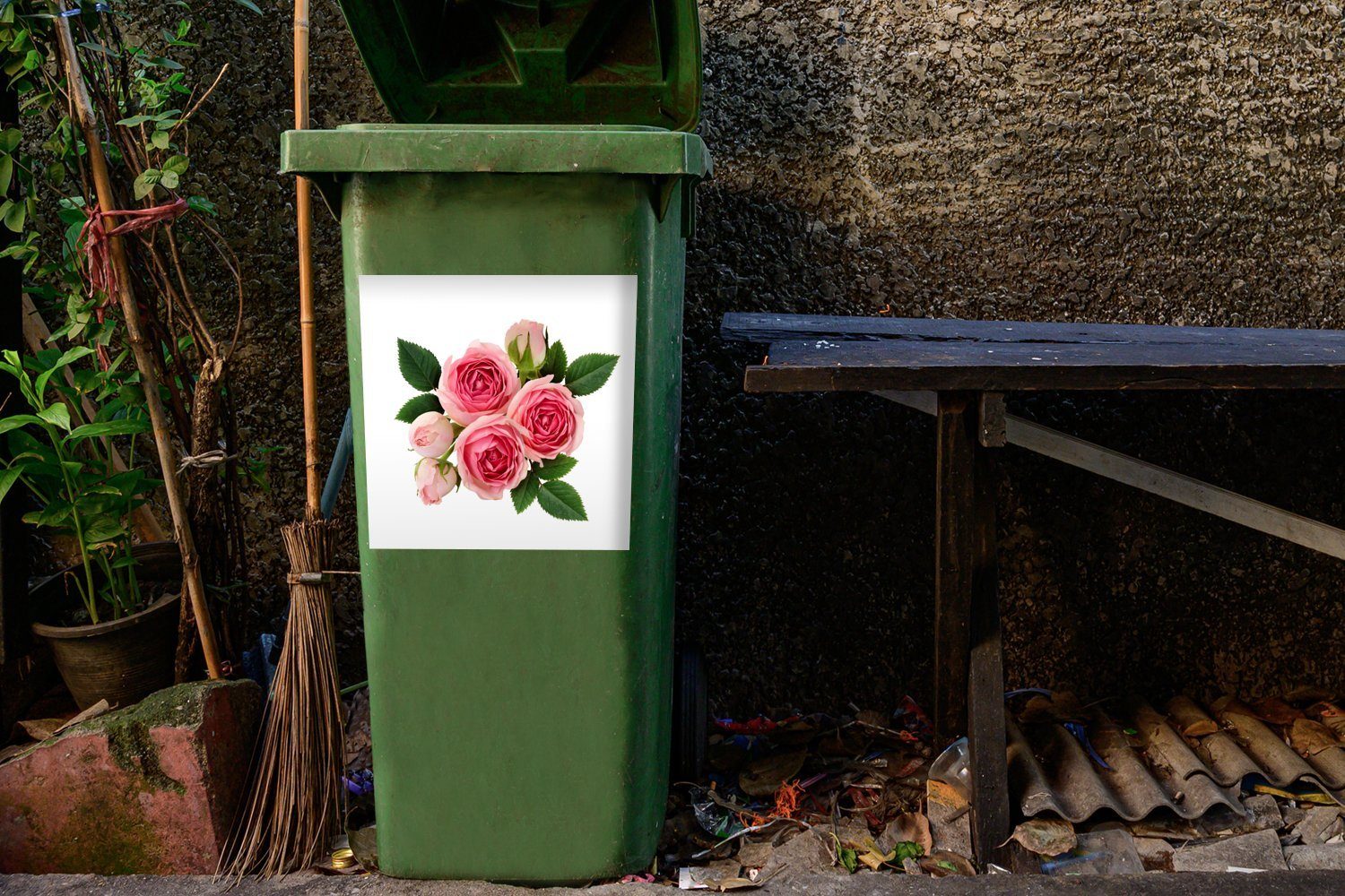 Sticker, Container, - (1 Rosa Rosen Blumen MuchoWow Wandsticker Abfalbehälter Mülleimer-aufkleber, - St), Mülltonne,