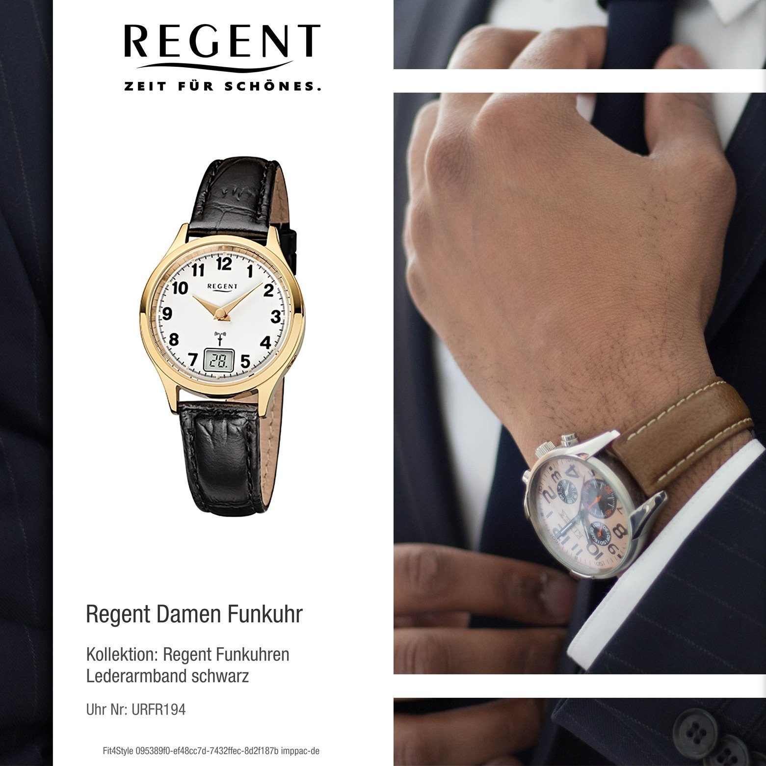 Regent Funkuhr Regent Damen-Armbanduhr Lederarmband rund, (ca. klein 29mm), schwarz Damen Funkuhr Analog
