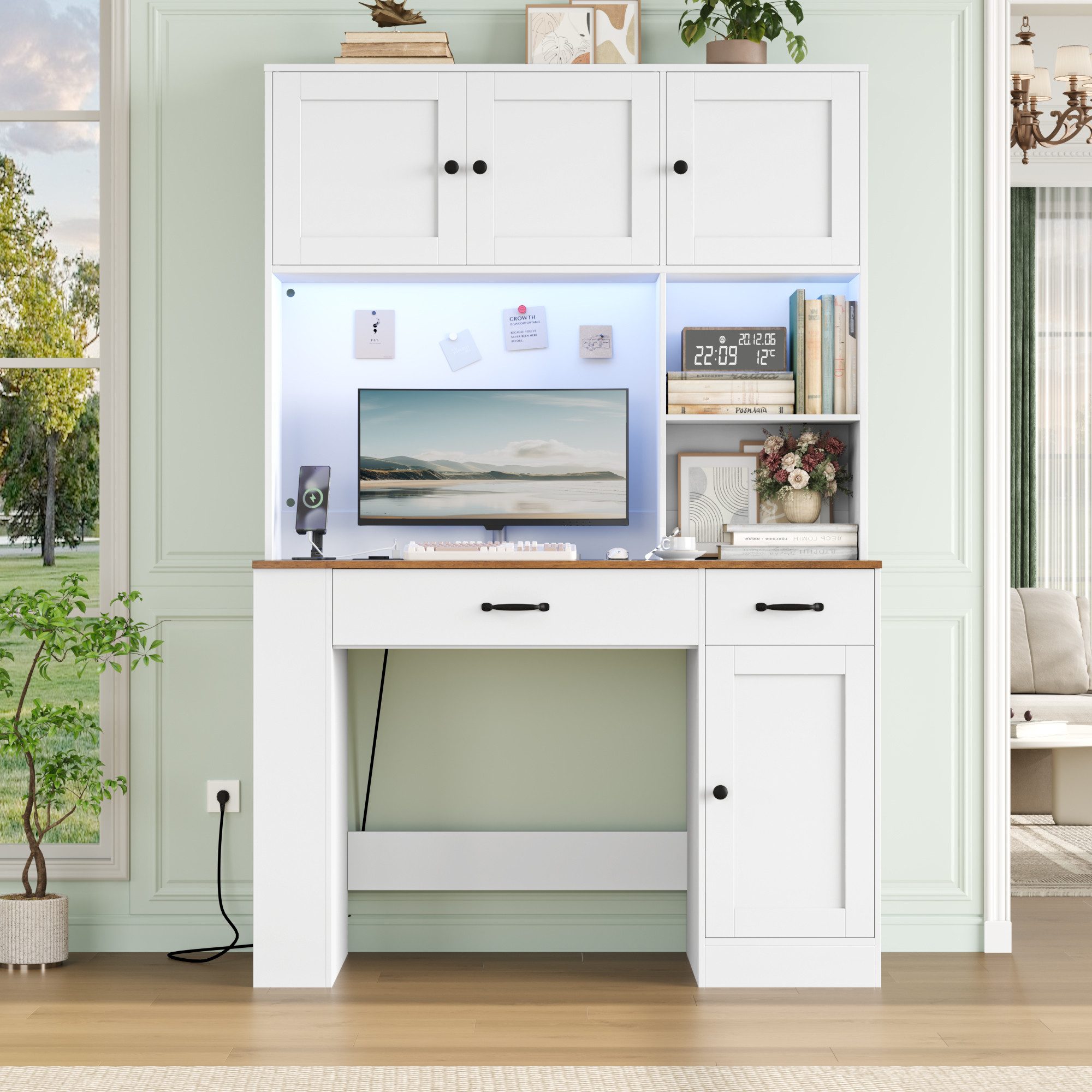 Homfa Schreibtisch mit LED, 2 Steckdosen und 2 USB, 180cm, Computertisch mit Bücherregal, Bürotisch weiß 180x120x50cm