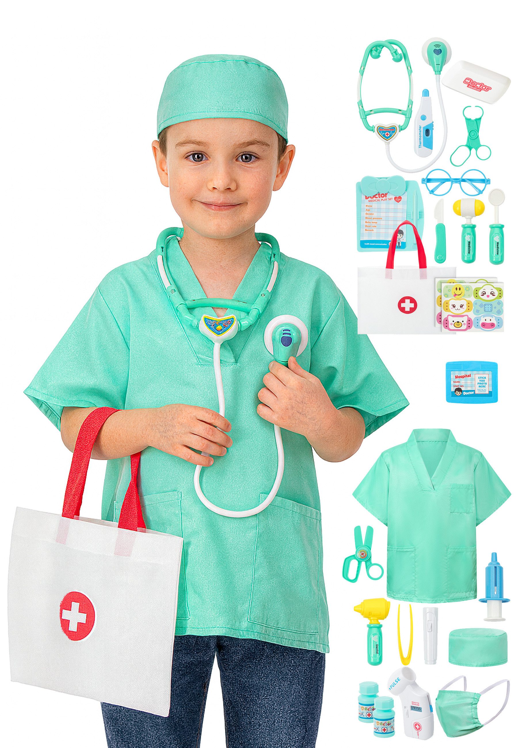 Corimori Kostüm Arzt/Tierarzt Set mit Kostüm, Rollenspiel-Set, OP Outfit für Kinder, Blauer Kittel (ohne Tier) EU Размер 134/140