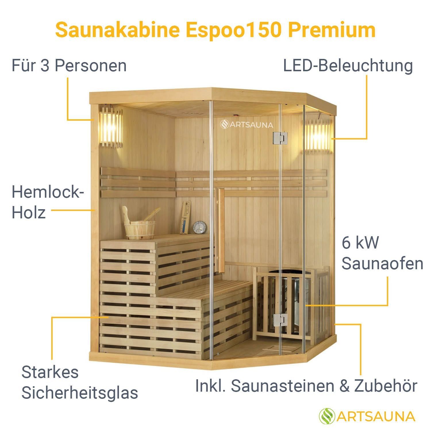 Artsauna Sauna Espoo150 Premium, 50 mm, für 3 Personen, Hemlock Holz, Harvia Ofen, Sanduhr, Thermo-Hygrometer