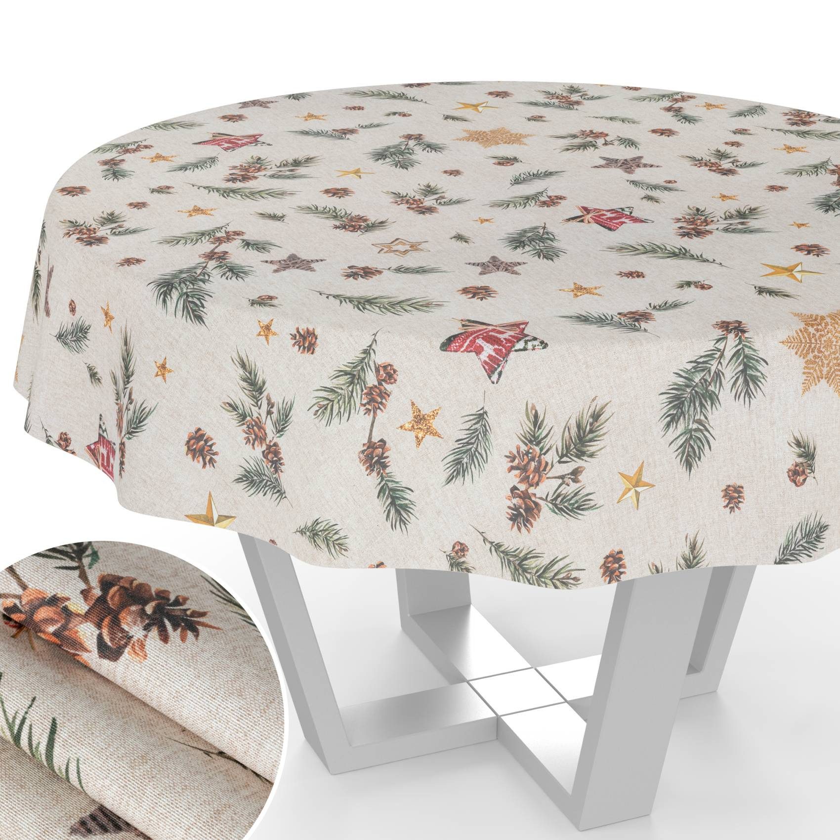 ANRO Tischdecke pflegeleicht Weihnachten Tischtuch Christmas Tannenzapfen Tischwäsche (Einzelstück 1-tlg), Schutz-Beschichtung wasserabweisend Rund 100cm