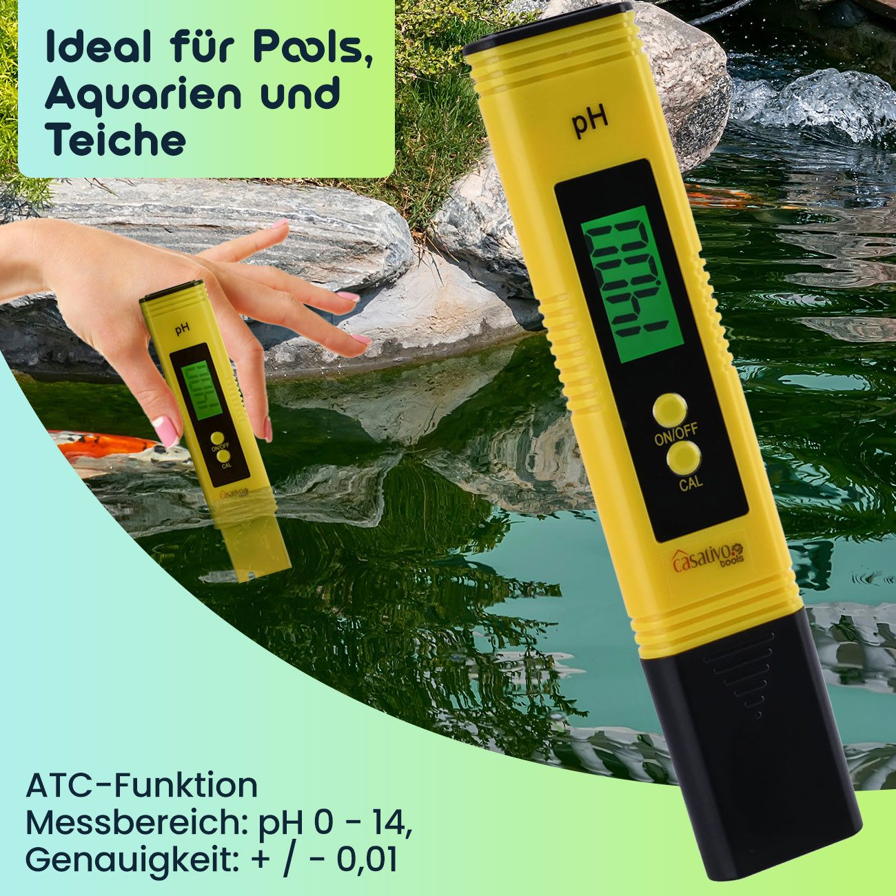 Casativo pH-Messgerät Digitales pH-Messgerät ATC LCD Tester Pool Aquarium Pool pH 0–14, (1-tlg., 1er-Set & 2er-Set), ph-Wert Testgerät mit großem LCD-Display/Batteriebtrieb