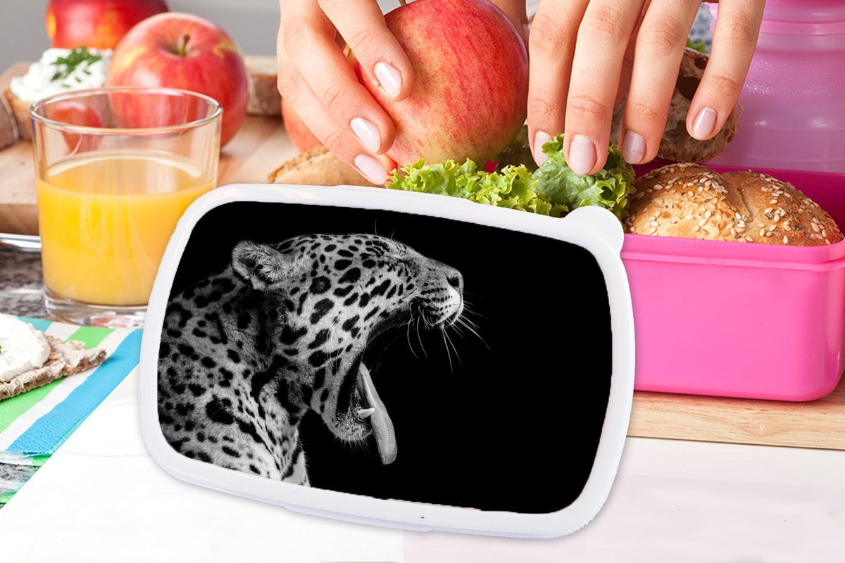 MuchoWow Lunchbox Jaguar - Tier Snackbox, Kinder, Brotdose für - rosa Schwarz Brotbox Weiß, Kunststoff, Kunststoff Mädchen, Erwachsene, - (2-tlg)