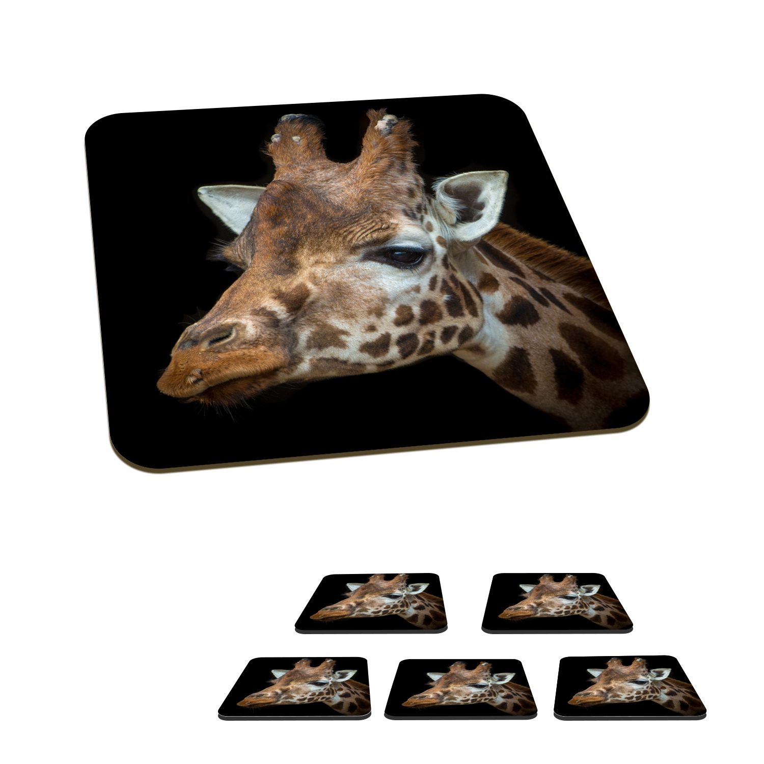MuchoWow Glasuntersetzer Porträt einer Giraffe auf schwarzem Hintergrund, Zubehör für Gläser, 6-tlg., Glasuntersetzer, Tischuntersetzer, Korkuntersetzer, Untersetzer, Tasse