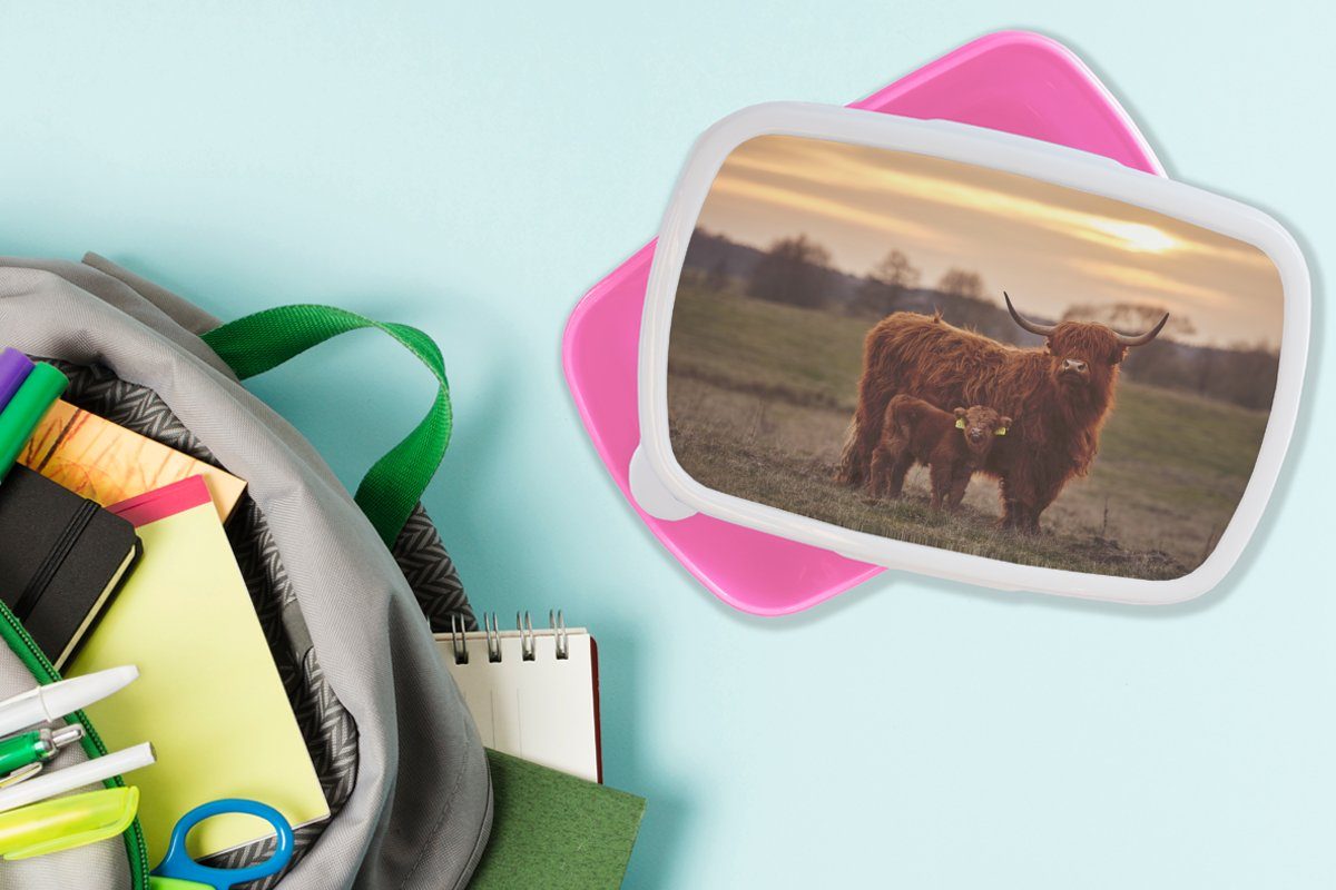 Brotbox rosa Lunchbox für Tiere - - Mädchen, Kuh, MuchoWow Kunststoff Landschaft Kunststoff, Kinder, Erwachsene, - Brotdose (2-tlg), Highlander Snackbox, Sonnenuntergang - Schottische