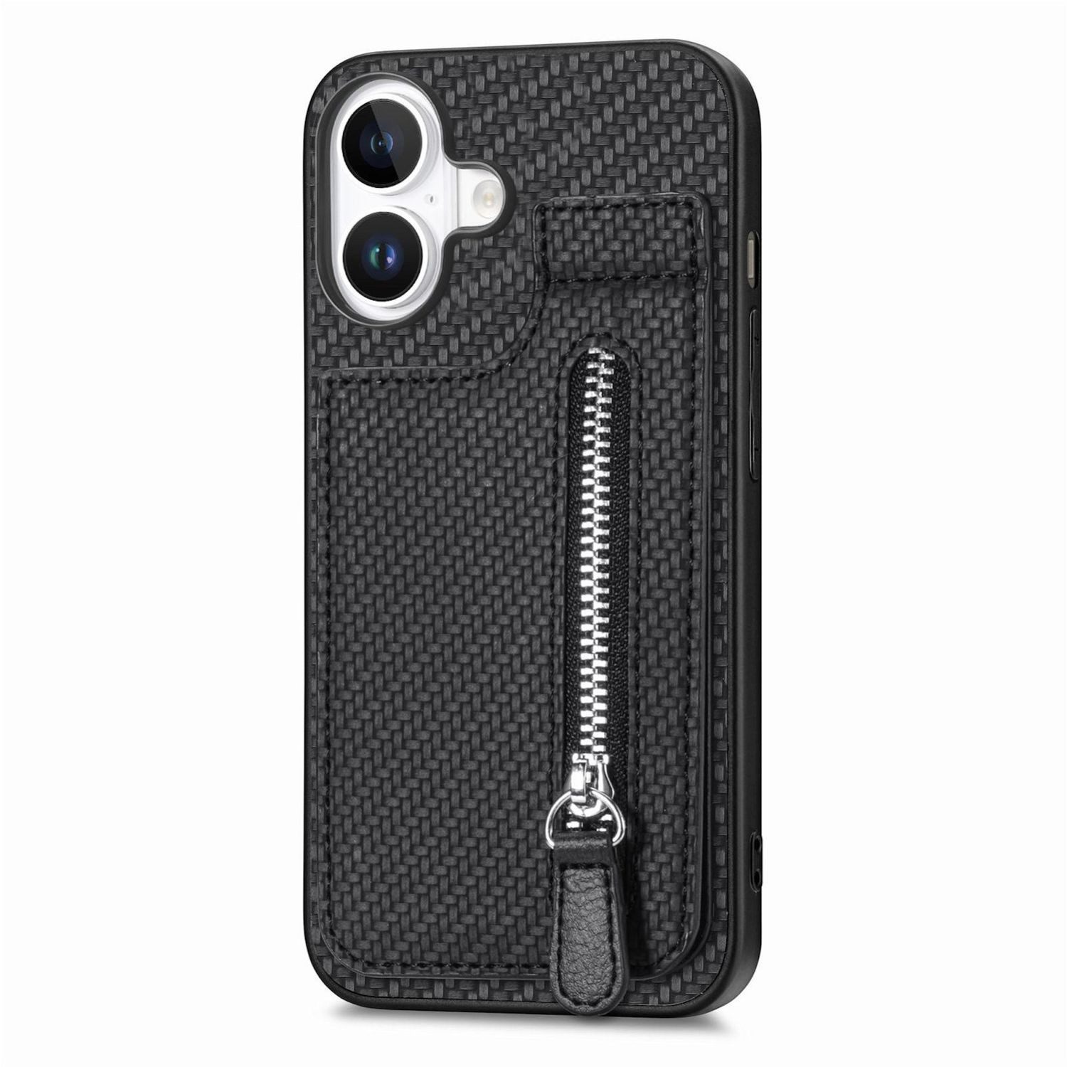 Wigento Handyhülle Für Apple iPhone 17 Carbon Look Vertikal Flip Kunstleder Hülle Schwarz, Reißverschlussfach, Kartenfächer, stoßfest – Bild 2 von 5