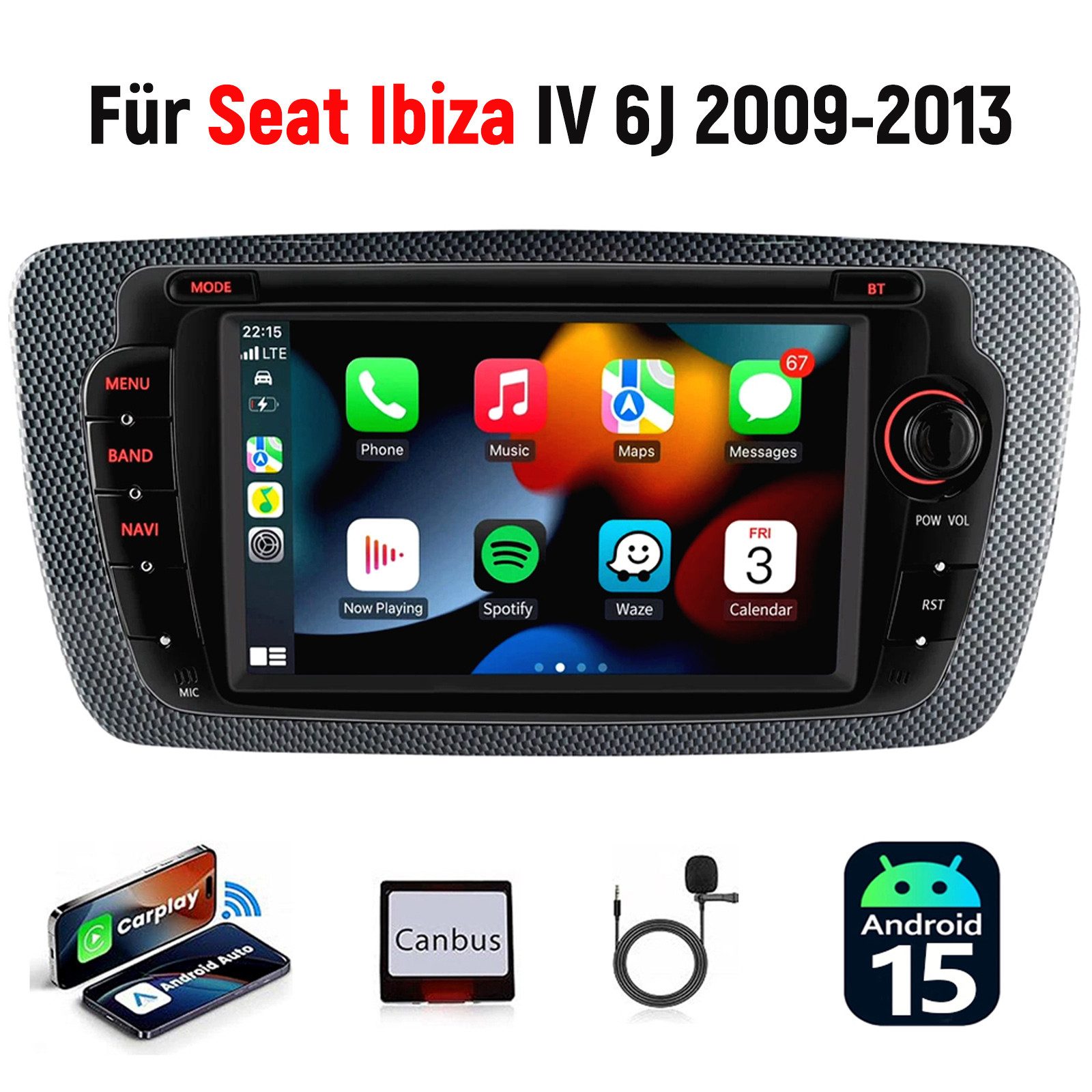 ESSGOO DAB+ 64G Android 15 Für Seat Ibiza IV 6J 2009-13 GPS Navi RDS Carplay Autoradio (AM, FM, 4+64GB(optional), RDS, DAB (optional), DAB+ (optional), Apple Carplay & Android Auto,2+64GB(optional),EQ SWC,DBA)