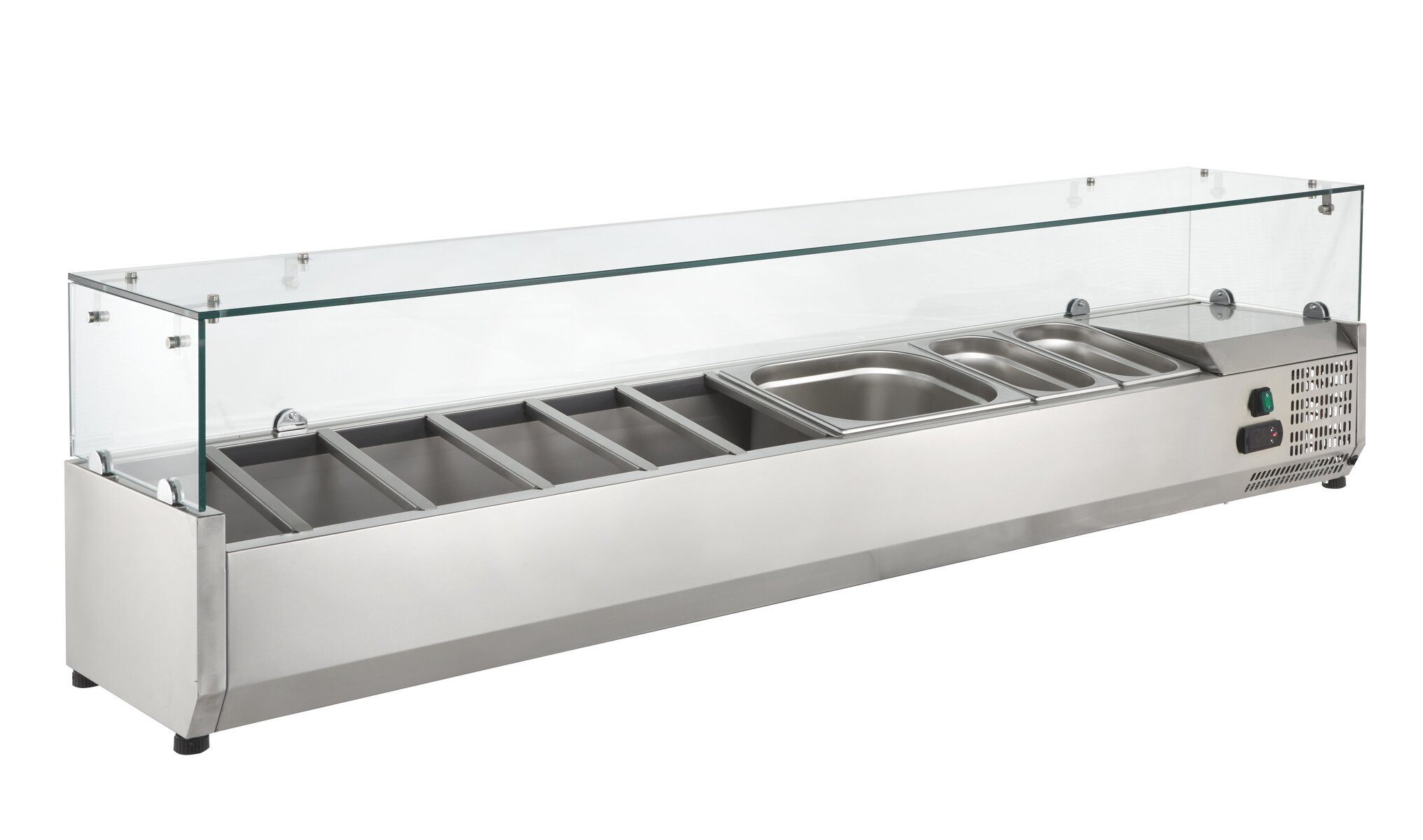 GastroHero Dönergrill Kühlaufsatz Gastronomie Edelstahl 180 cm mit Glasaufsatz 9 x GN 1/4, 145 W, Zutatenkühler, Salatbar-Aufsatz, statische Kühlung, energiesparend