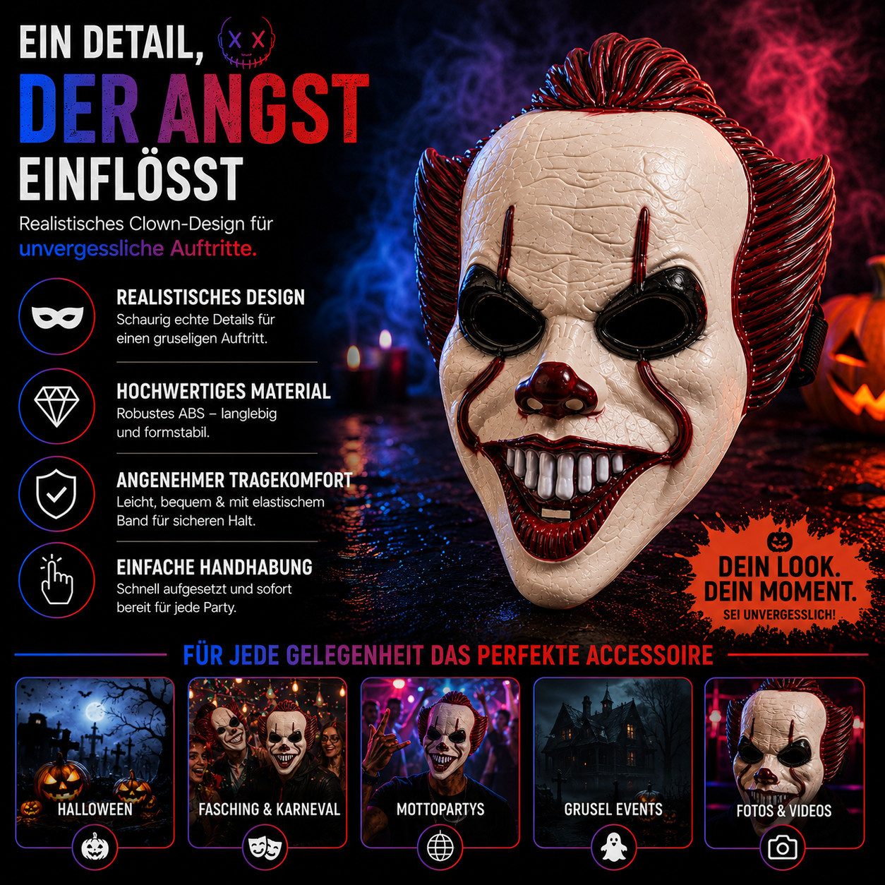 TK Gruppe Verkleidungsmaske Pennywise Horror Clown Maske – ES Kostüm Zubehör für Damen, Herren, (Packung, 1-tlg)