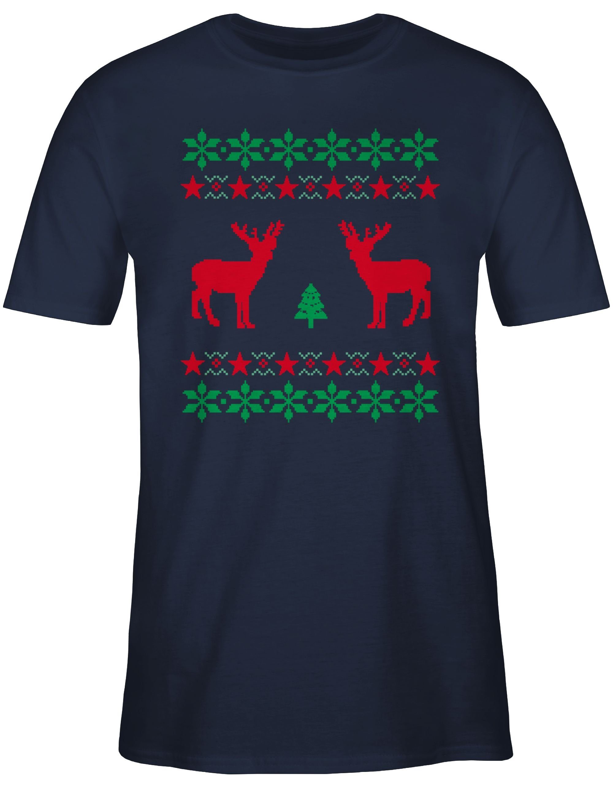2 Blau T-Shirt Weihachten Weihnachten Navy Norweger Shirtracer Rentier Pixel Kleidung