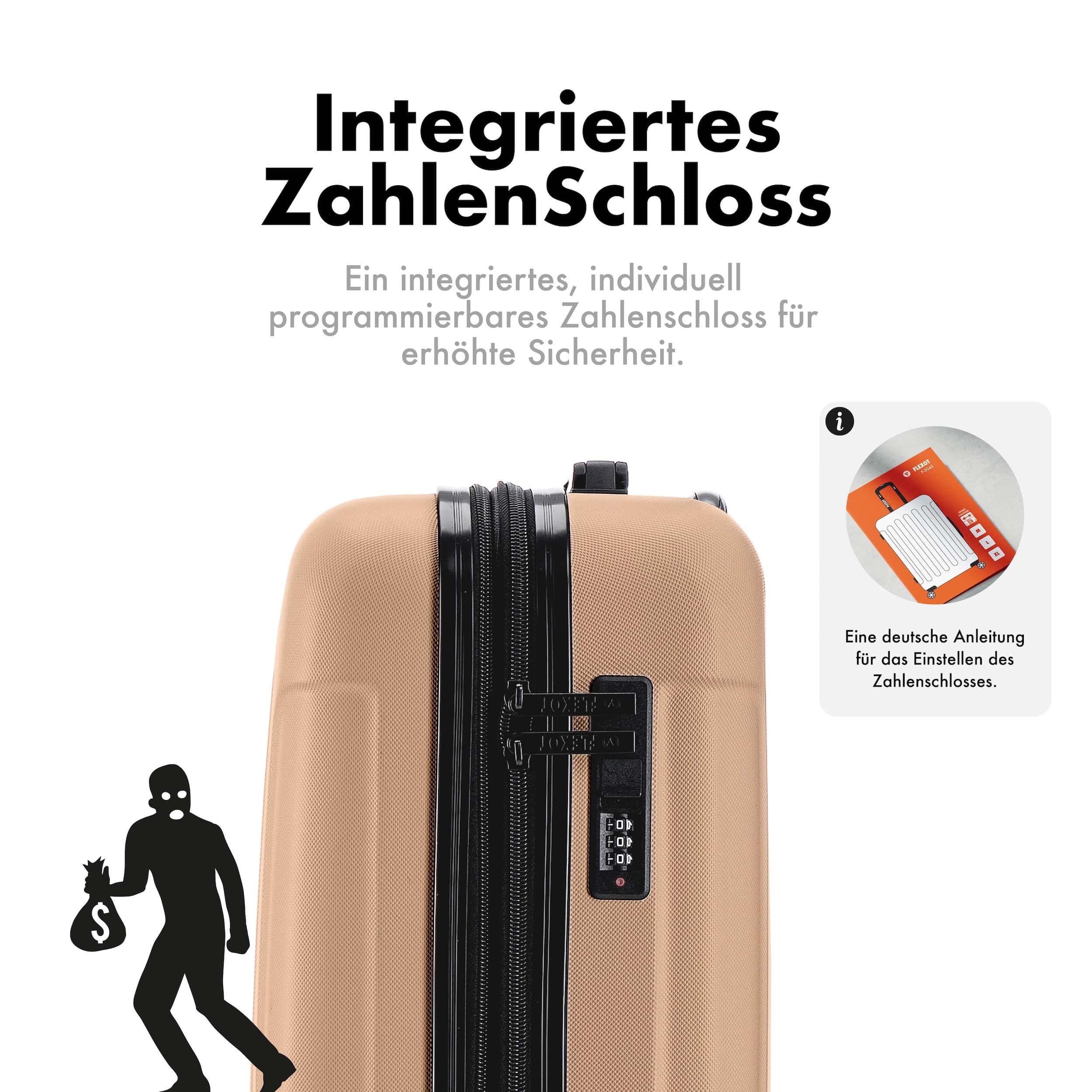Flexot Hartschalen-Trolley F-3045 (Gr. M, L, XL) – Kofferset – ABS-Hartschale, 4 Rollen, Robuster und moderner Koffer mit vier 360° Rollen und Zahlenschloss
