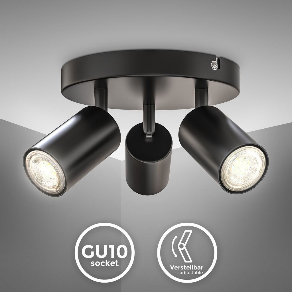 Retro-Design 19cm rund ohne LED Deckenleuchte Spots GU10 - Leuchtmittel, Wohnzimmer Deckenspot B.K.Licht schwenkbar drehbar 230V BKL1447, 3-flammig Deckenlampe schwarz-matt LED Fassung