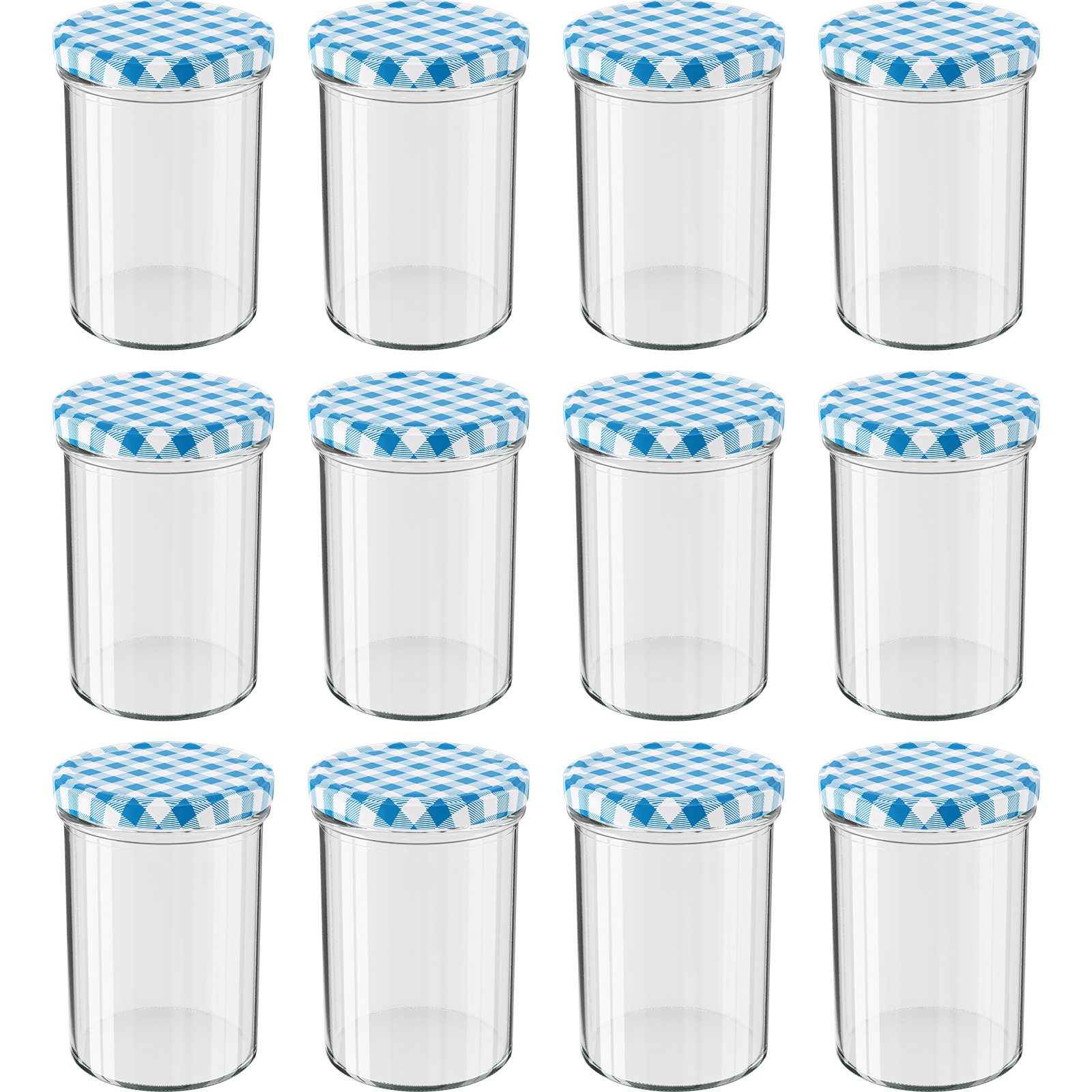 Wellgro Vorratsglas Einmachgläser Schraubdeckel blau kariert - 435 ml, (12-tlg)