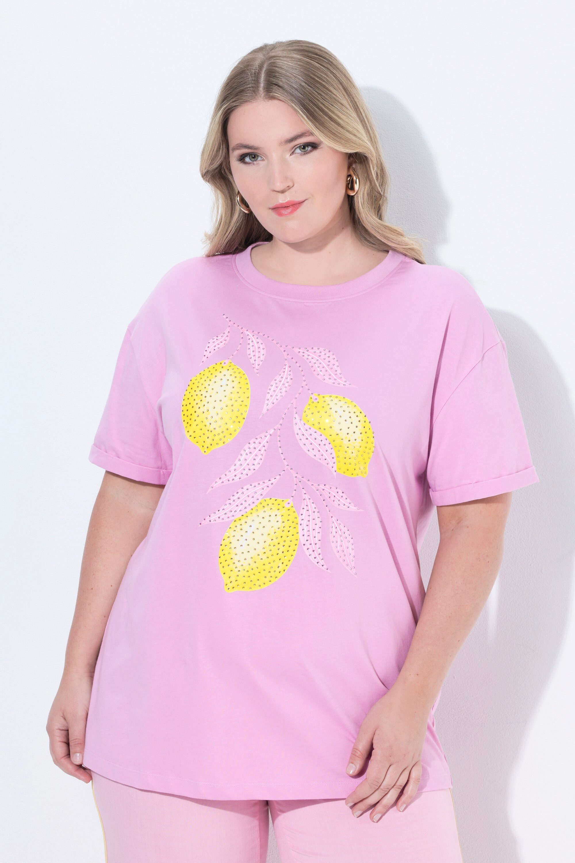 T-Shirt T-Shirt Boxy Fit Glitzersteinchen Zitronen-Motiv
