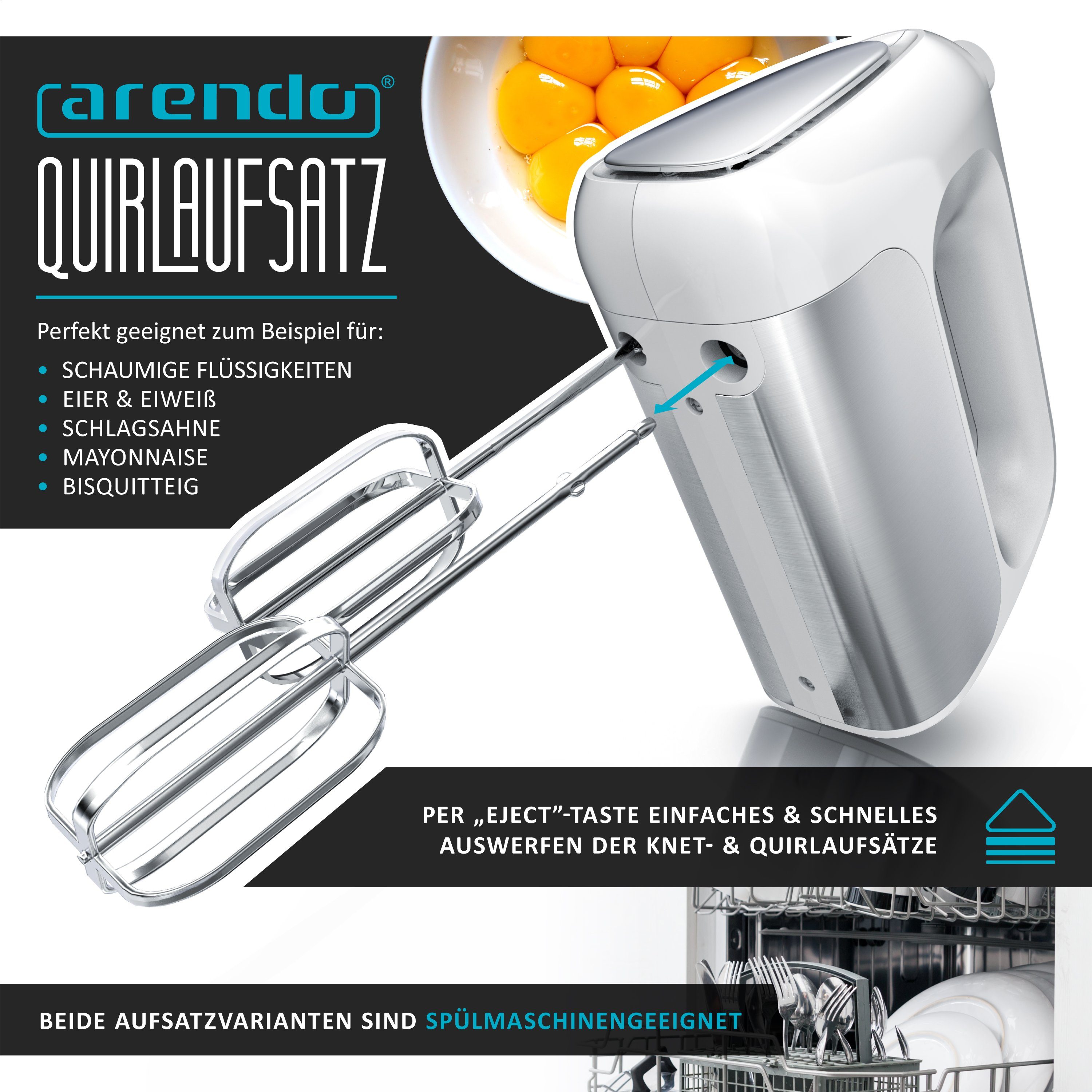 Arendo Handmixer Elektrischer Handrührer inkl. 2 Rührbesen & 2 Knethaken, Handrührgerät, 500 W, Edelstahl, Hakenentriegelung, Turbotaste, Thermosicherung