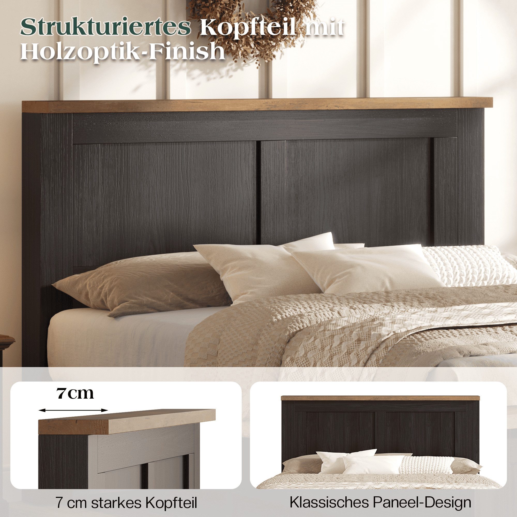 AMERLIFE Holzbett Paneelkopfteil, Lattenrost (1-tlg), Geräuschfrei, 140x200cm, Schwarz – Bild 4 von 5