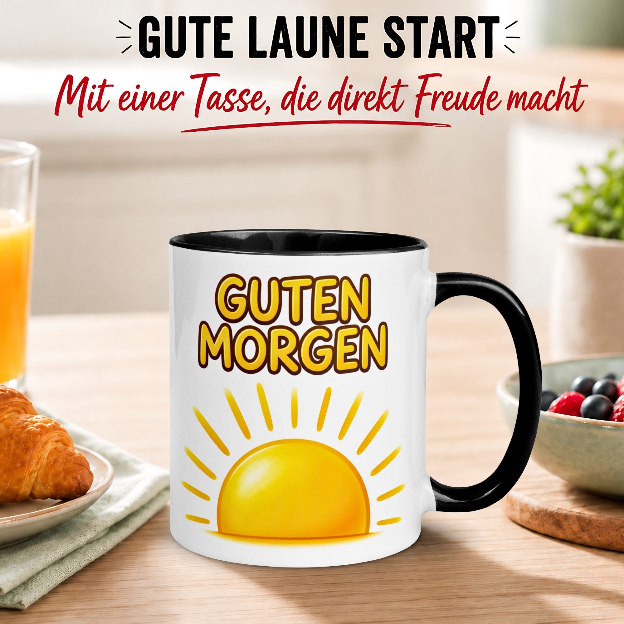 Momentals Tasse Guten Morgen – Sonnenaufgang mit Sonnenschein – Morgenmuffel Geschenk, Gratis Versand · Links-&Rechtshänder · Spülmaschinenfest