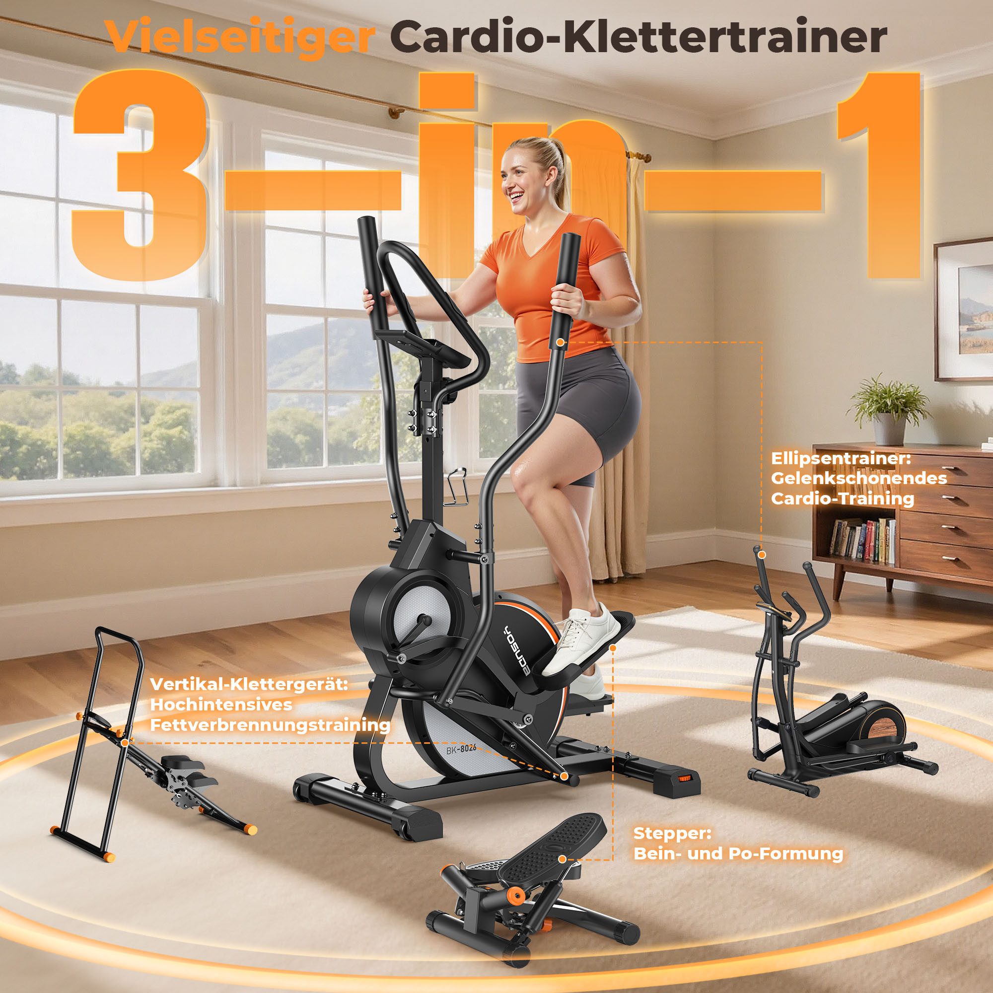 YOSUDA Crosstrainer für zuhause, 3-in-1 (Ellipsentrainer+Stepper+Stairmaster) (1-tlg., 16 Widerstandsstufen, 8kg Schwungrad, Ultraleiser Magnetwiderstand), 45° Neigung, Pulssensor, LCD Monitor