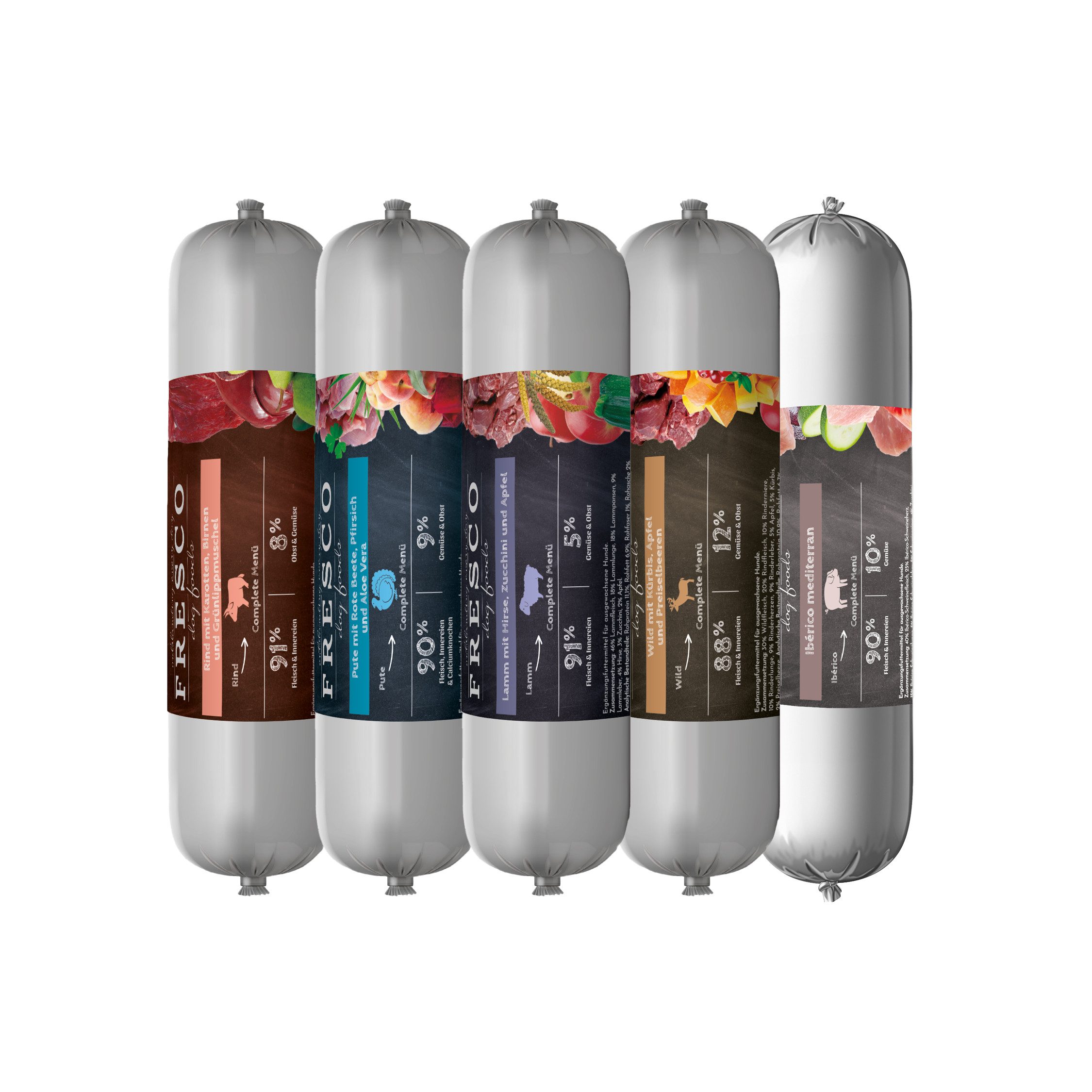 Fresco Dog BARF Hundewurst schnittfest PROBIERPAKET I 5 x 400g, Nassfutter für: Hunde, Getreidefrei, hoher Fleischanteil & salzfrei
